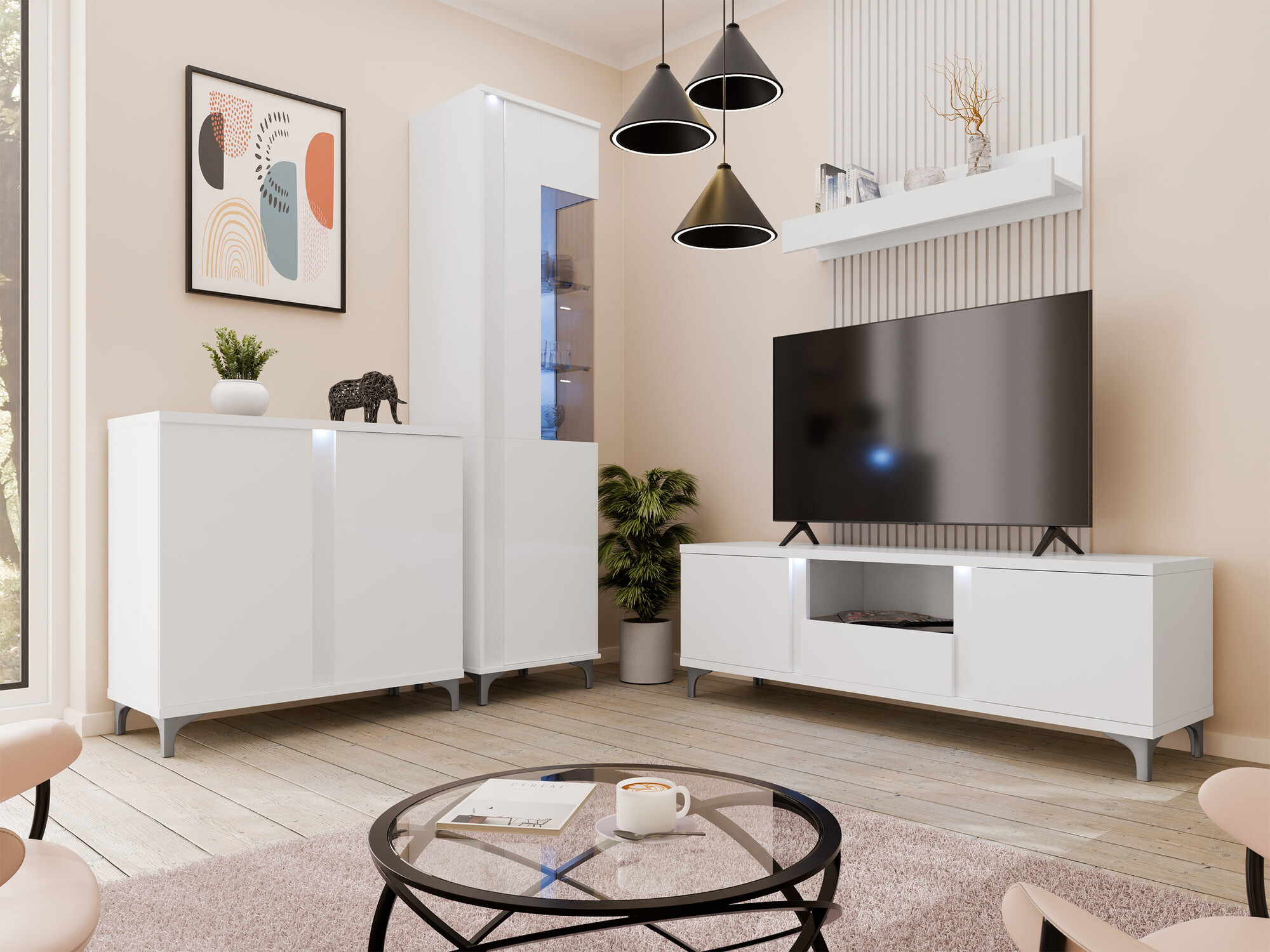 TV stand Florem (White + Glossy white)