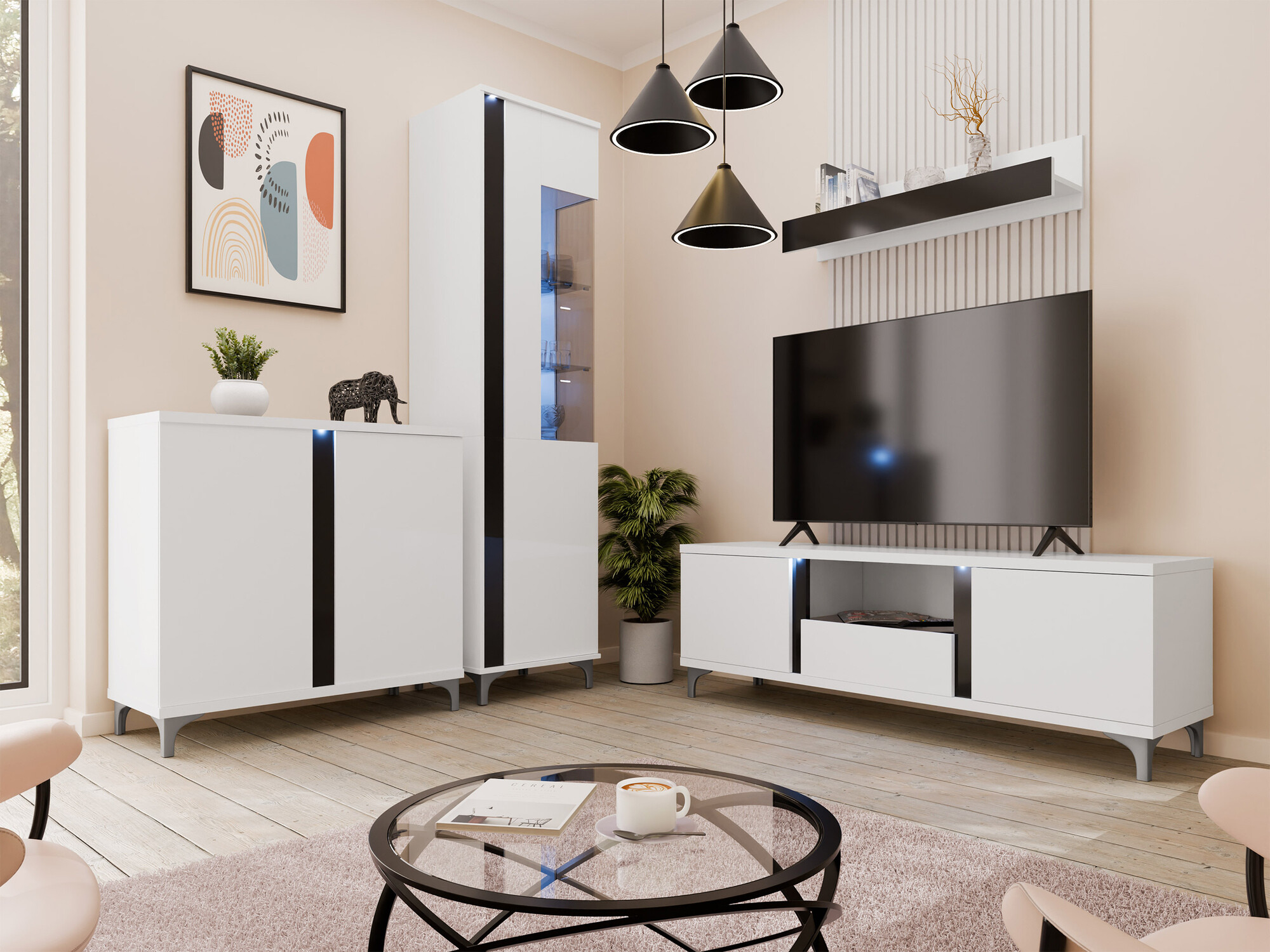 Wall shelf Florem (White + Glossy white + Glossy black)