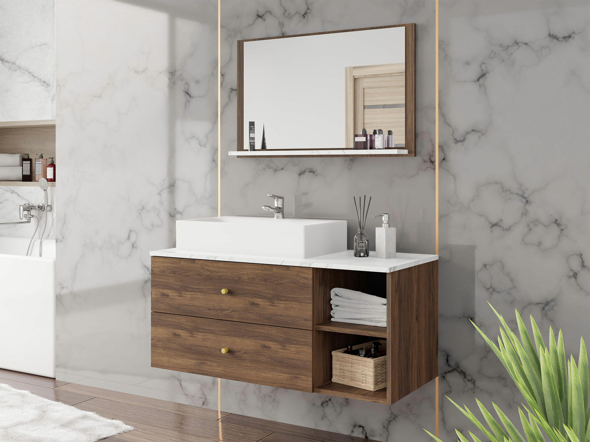 Bathroom set Salus I (Walnut + White marble)