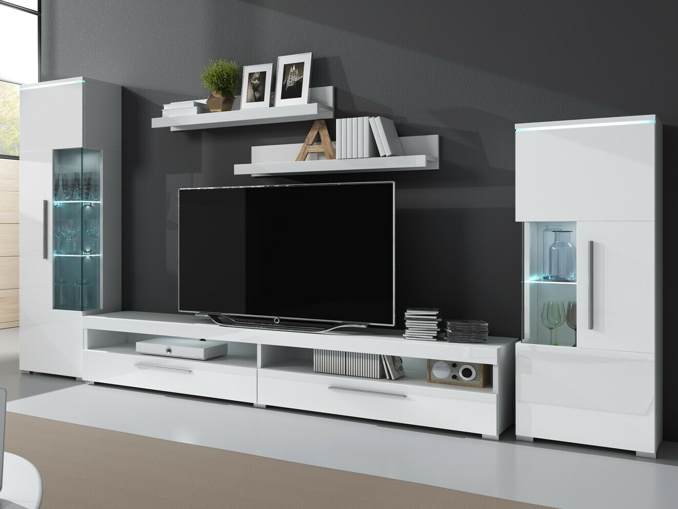 Living room set Torvire 107 (White + Glossy white)