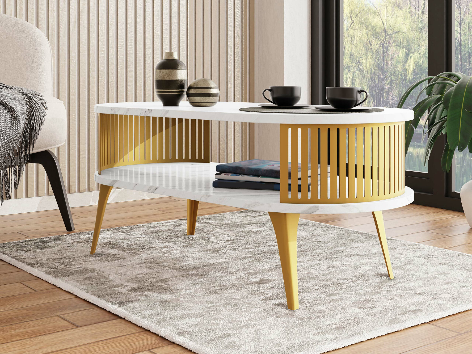 Coffee table Vitum IV (Golden + White marble)