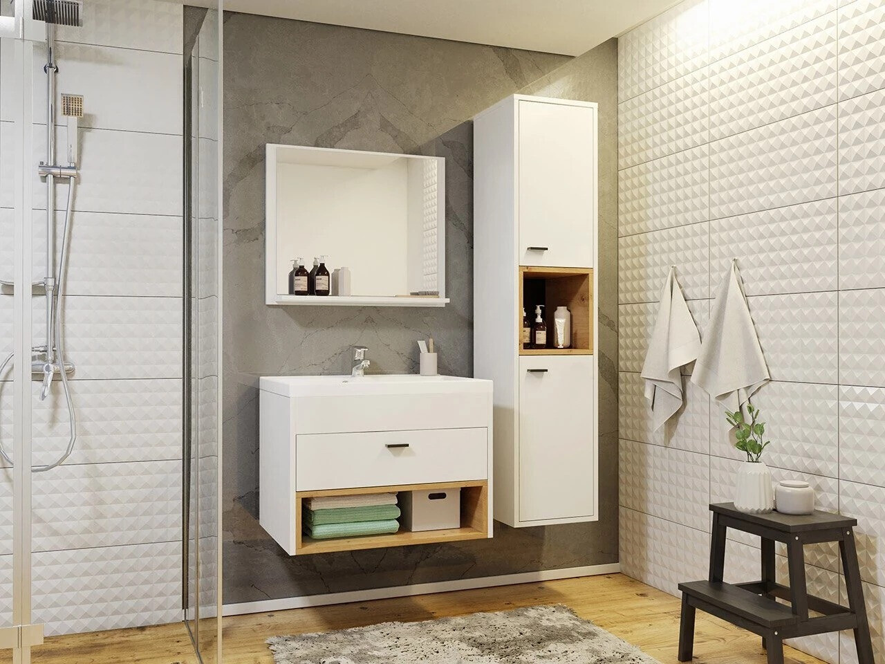 Wall-mounted bathroom cabinet for washbasin Velum (White + Artisan oak)