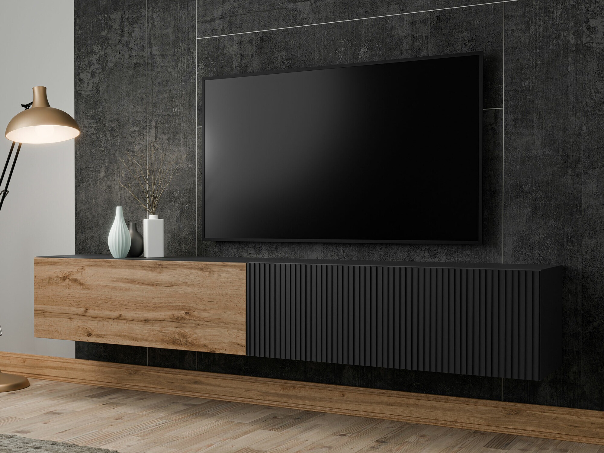 TV stand Calveru 101 (Black + Wotan Oak)