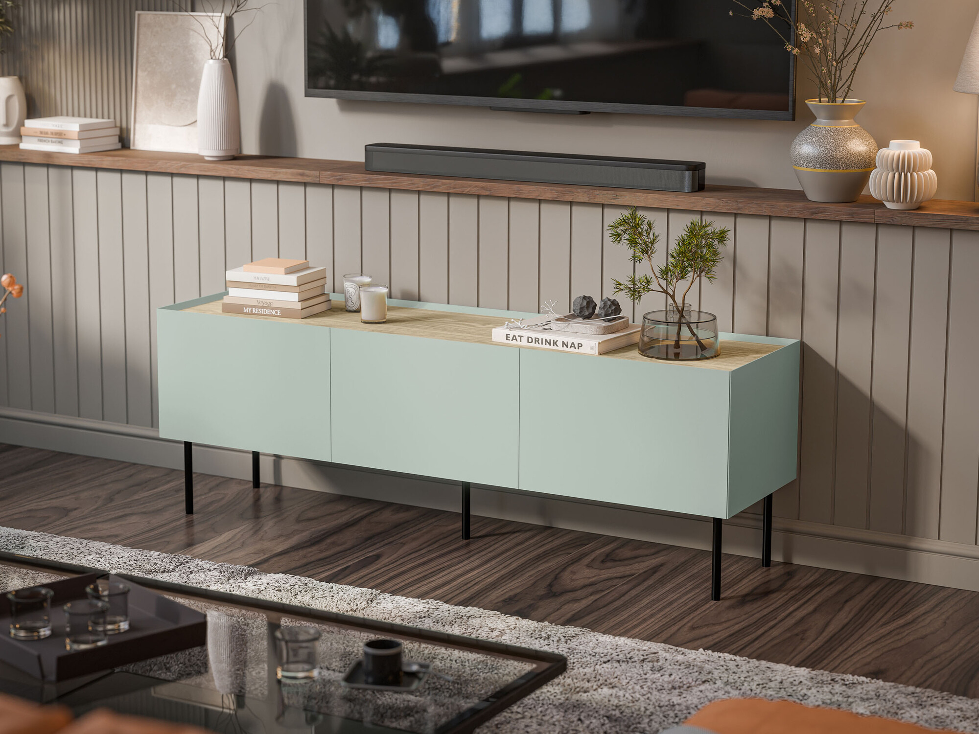 TV stand Melbela 106 (Light olive tree + Oak)