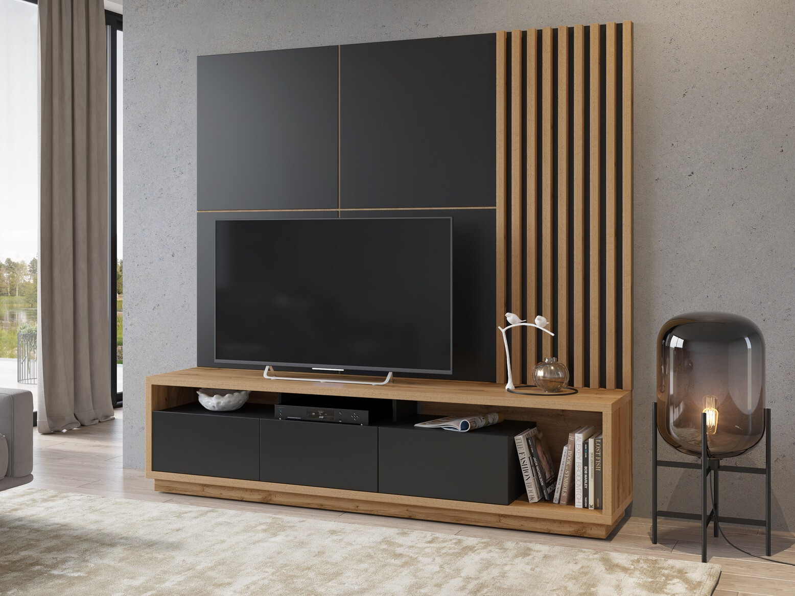 TV stand Austin 357 (Wotan Oak + Matt black)