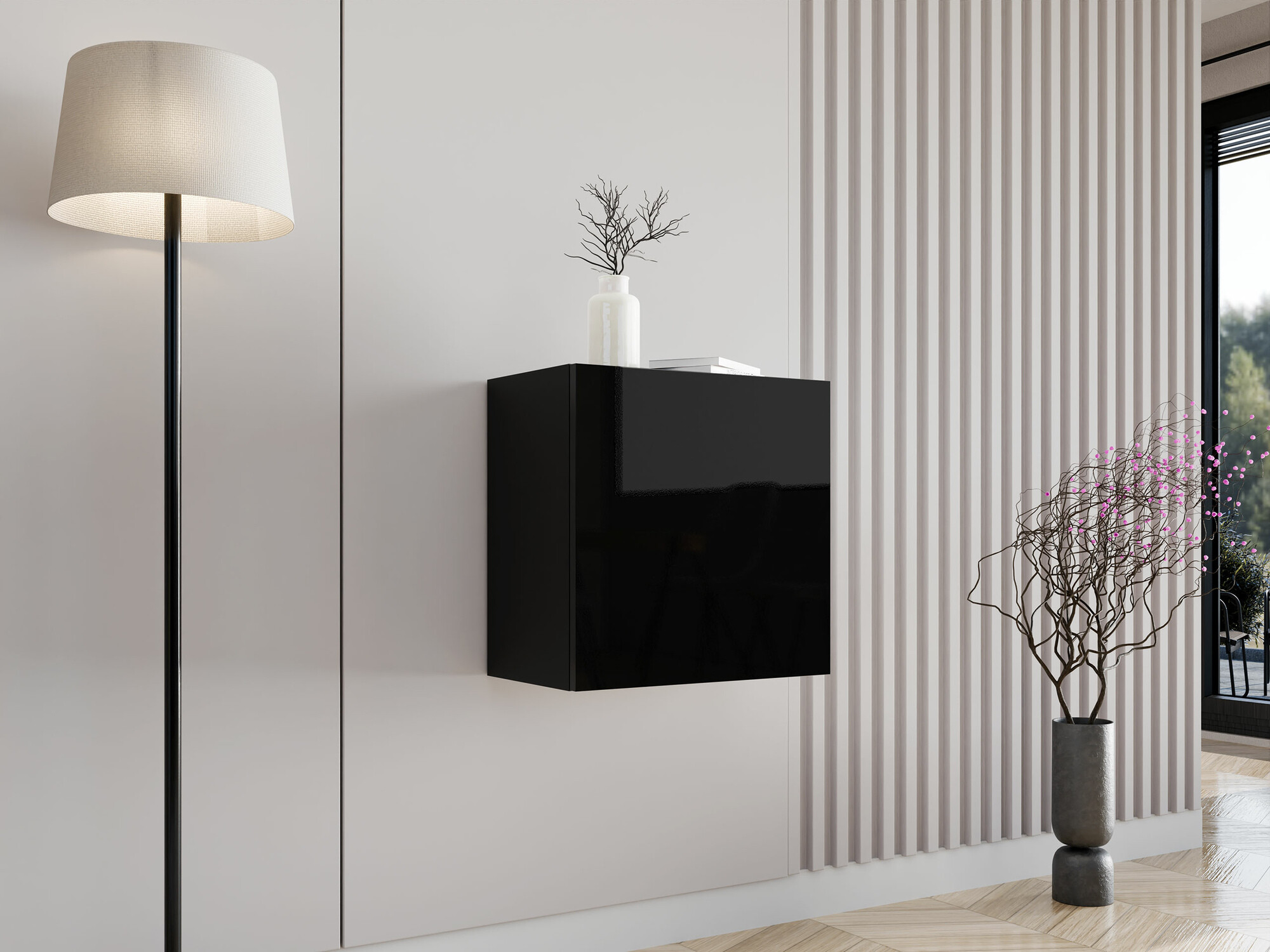 Wall cabinet Vilrin I (Black + Glossy black)