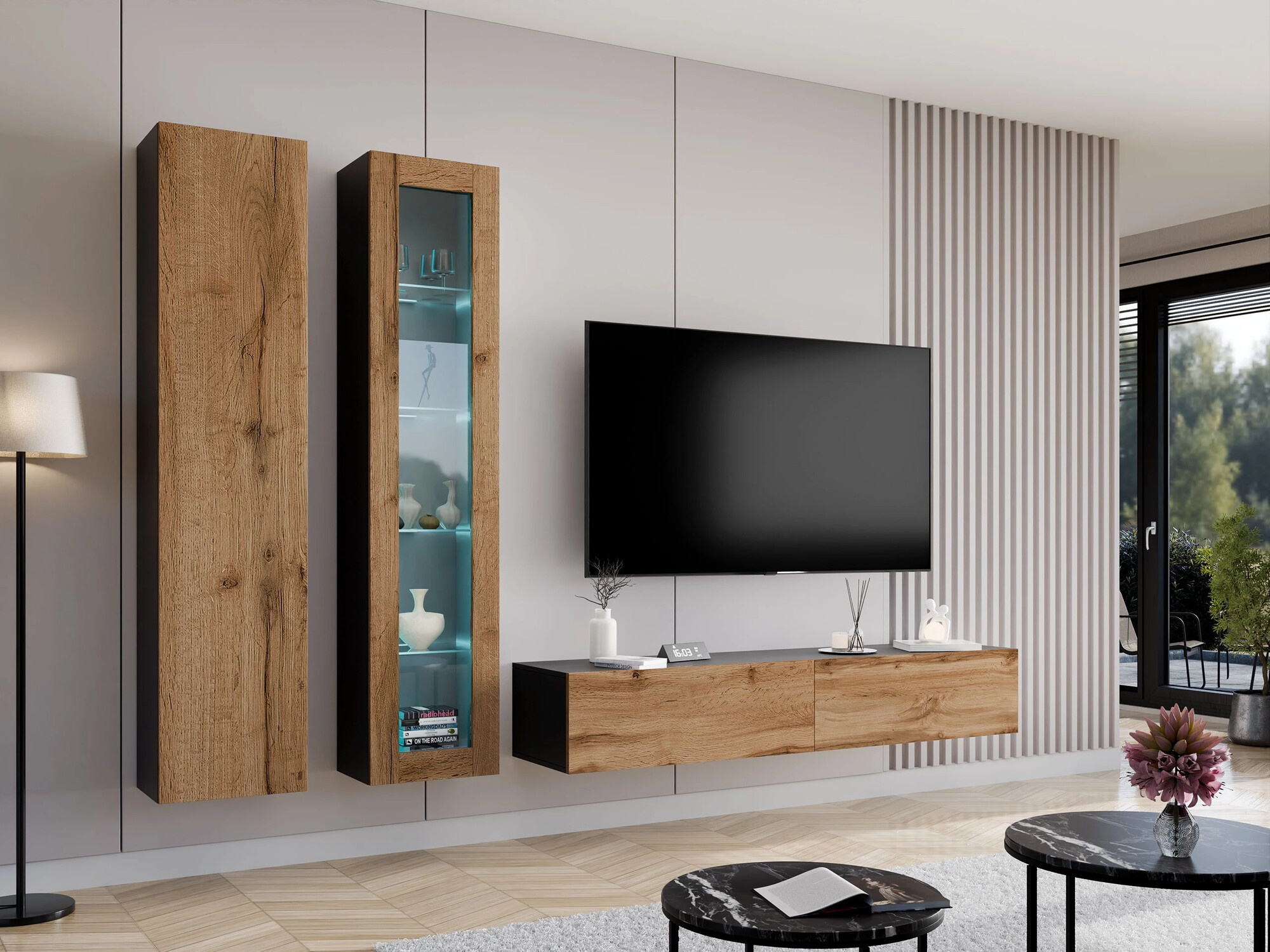 Wall shelf Vilrin IV (Black + Wotan Oak)
