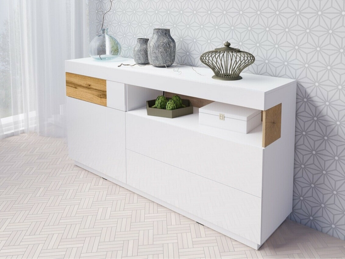 Chest of drawers Livlore 107 (White + Glossy white + Wotan Oak)
