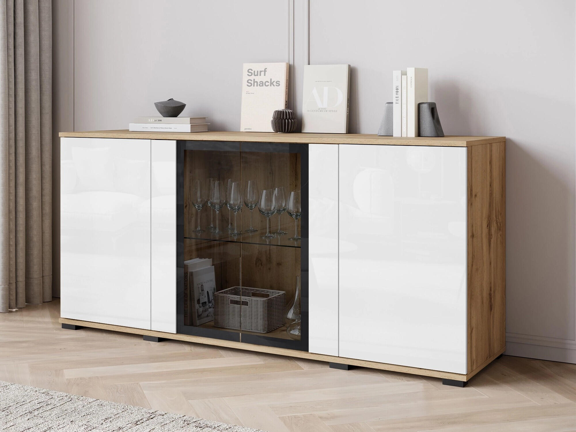 Sideboard Torcame 102 (Wotan Oak + Glossy white)