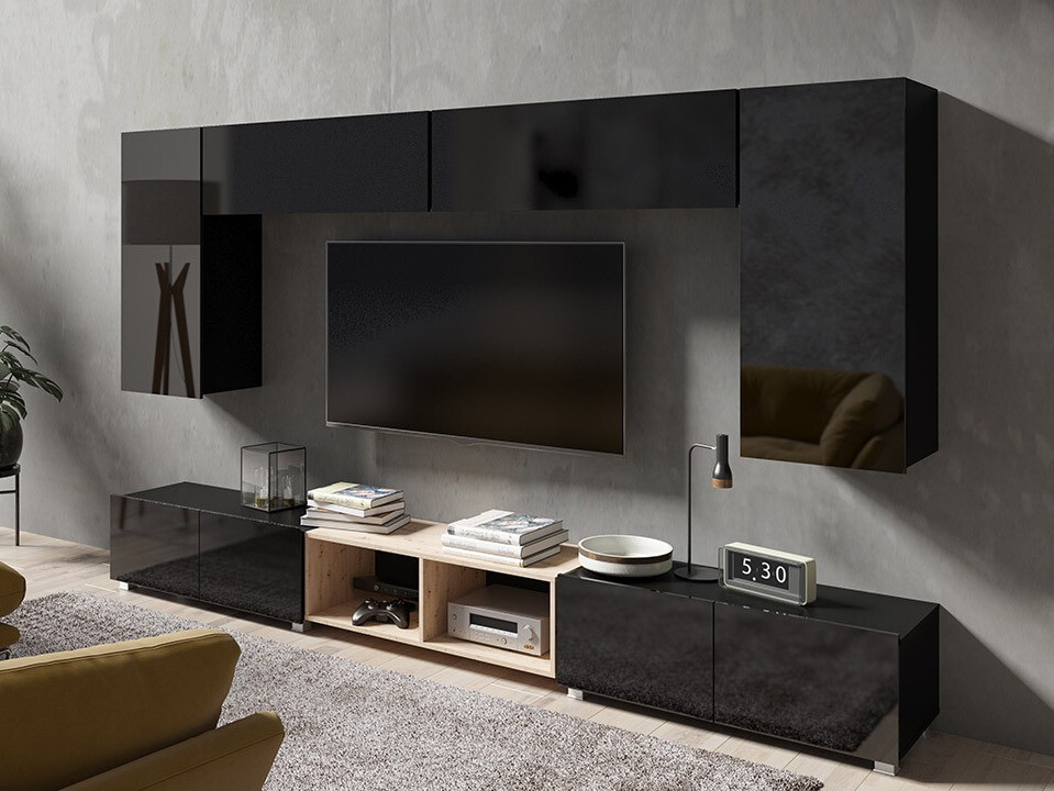 Living room set Remus XXIII (Black + Glossy black + Artisan oak)
