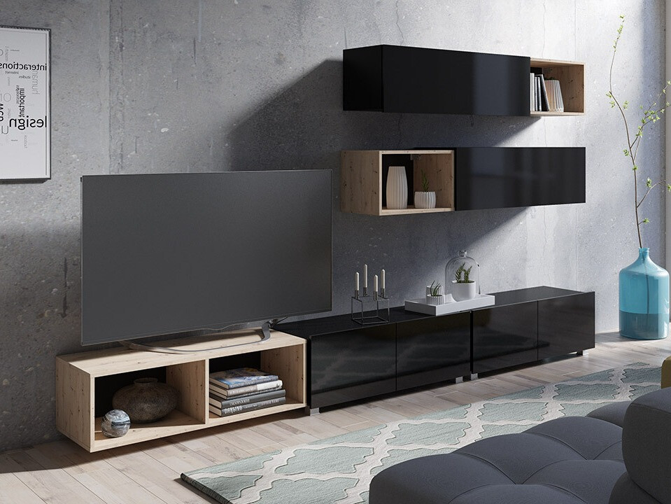 Living room set Remus XXV (Black + Glossy black + Artisan oak)