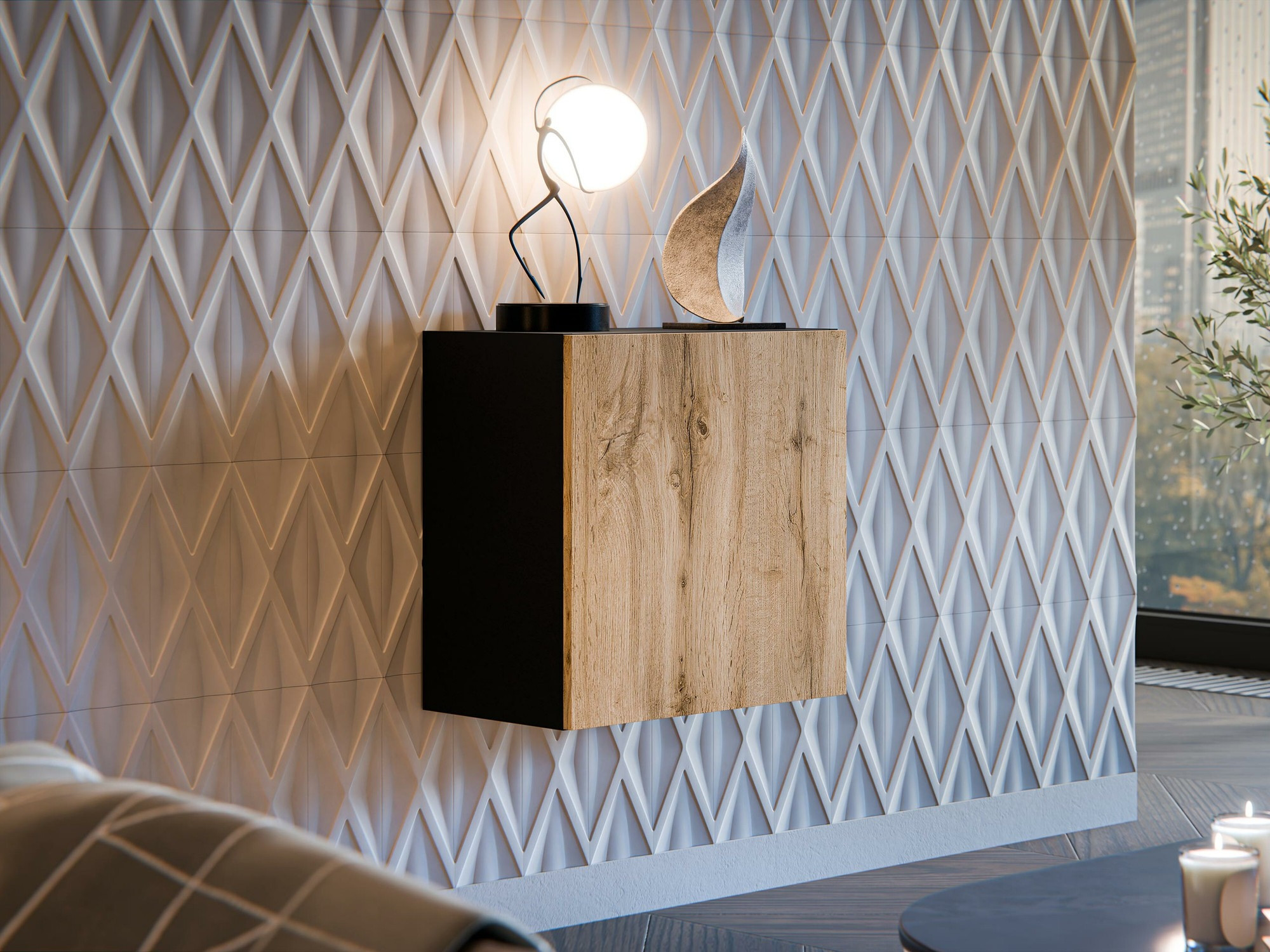 Wall cabinet Calveru 103 (Black + Wotan Oak)