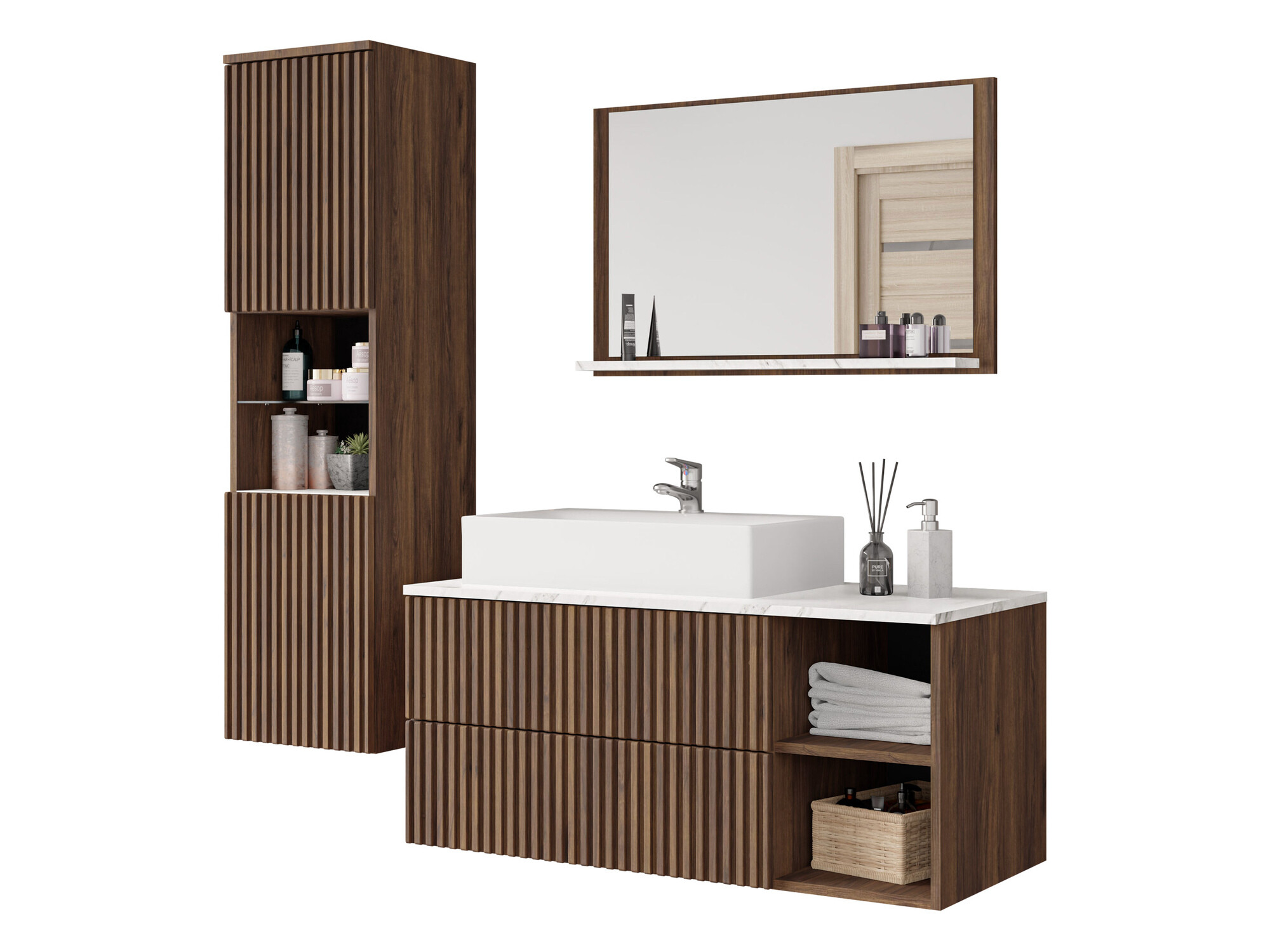 Bathroom set Nauta I (Walnut + White marble)