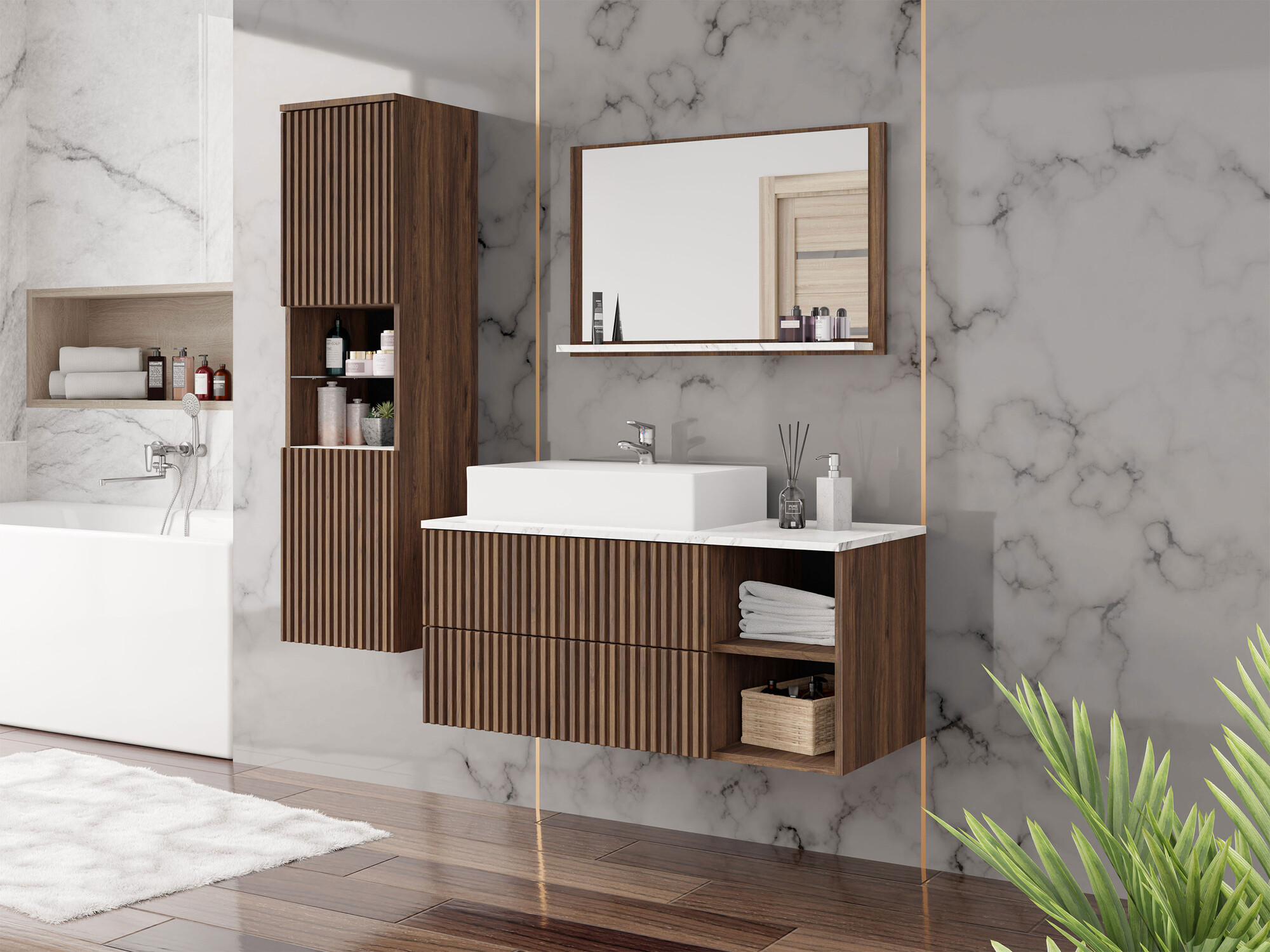 Bathroom set Ophruvi 104 (Walnut + White marble)