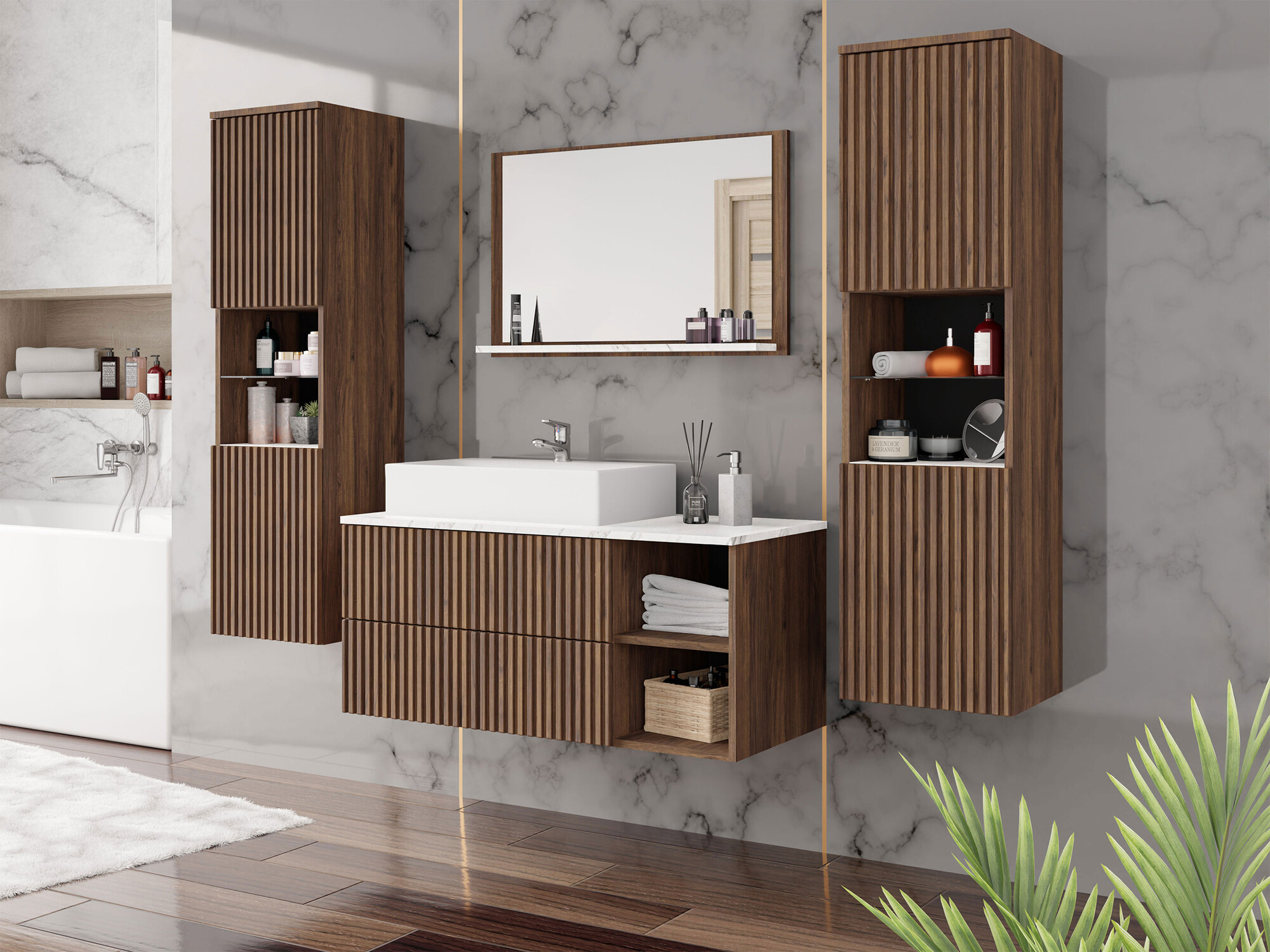 Bathroom set Ophruvi 105 (Walnut + White marble)