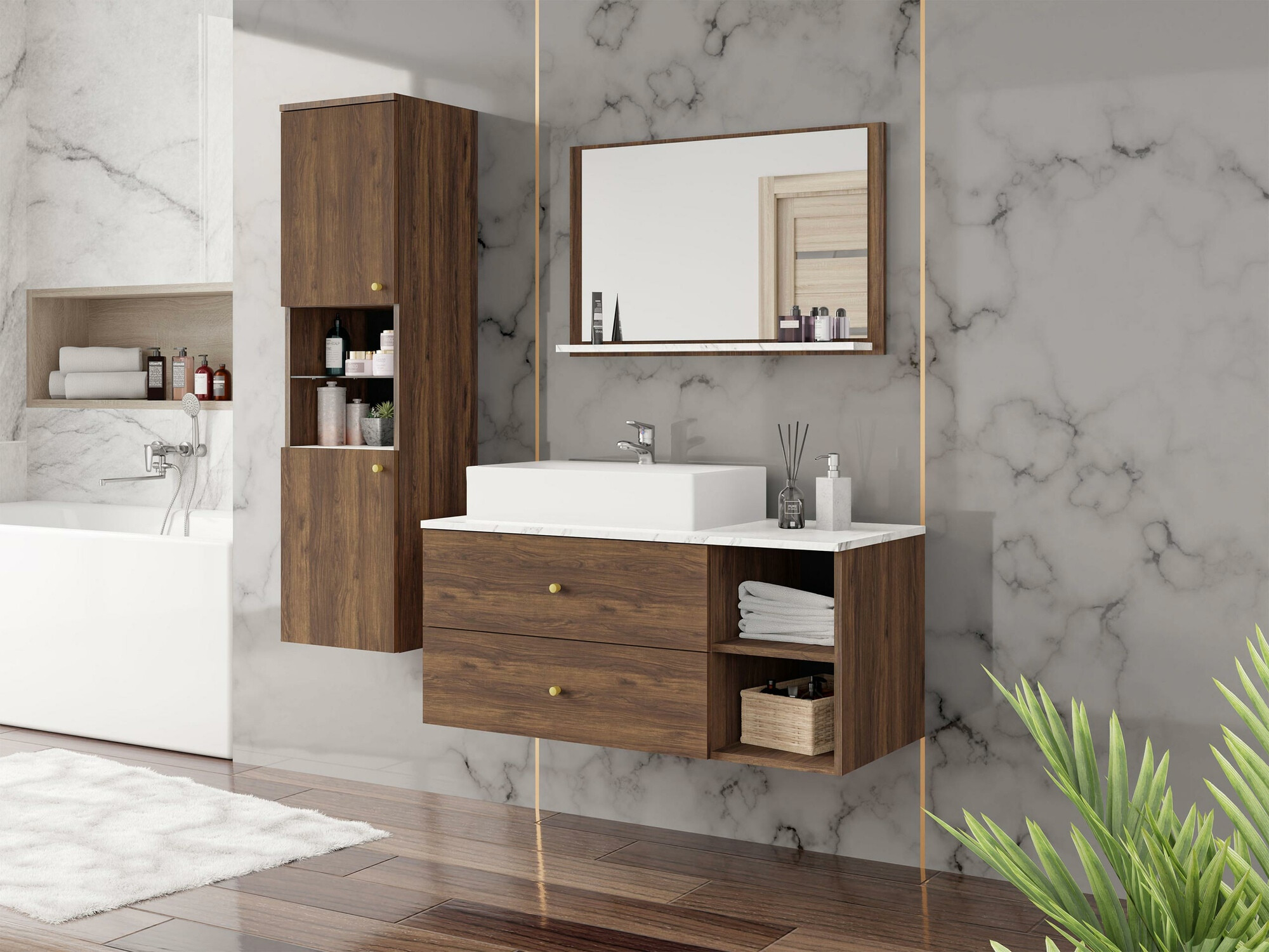 Bathroom set Salus II (Walnut + White marble)