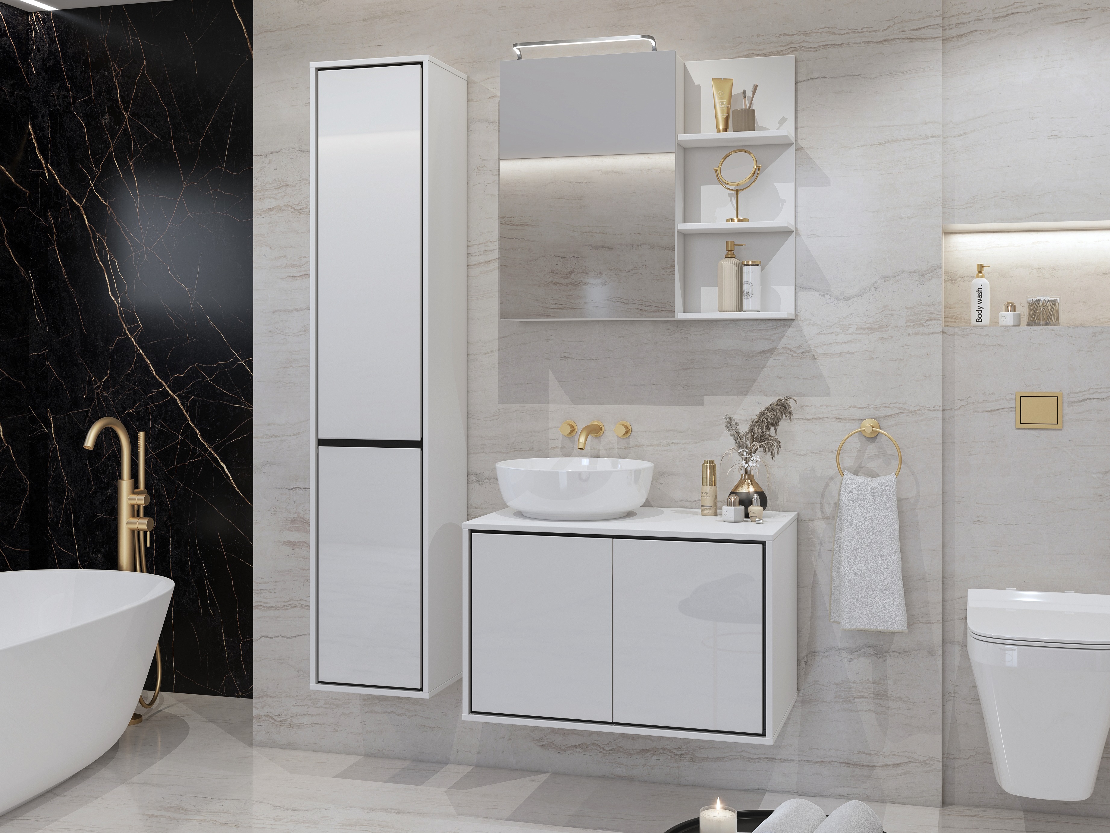 Bathroom mirror cabinet Tecavu 102 (Glossy white + White)