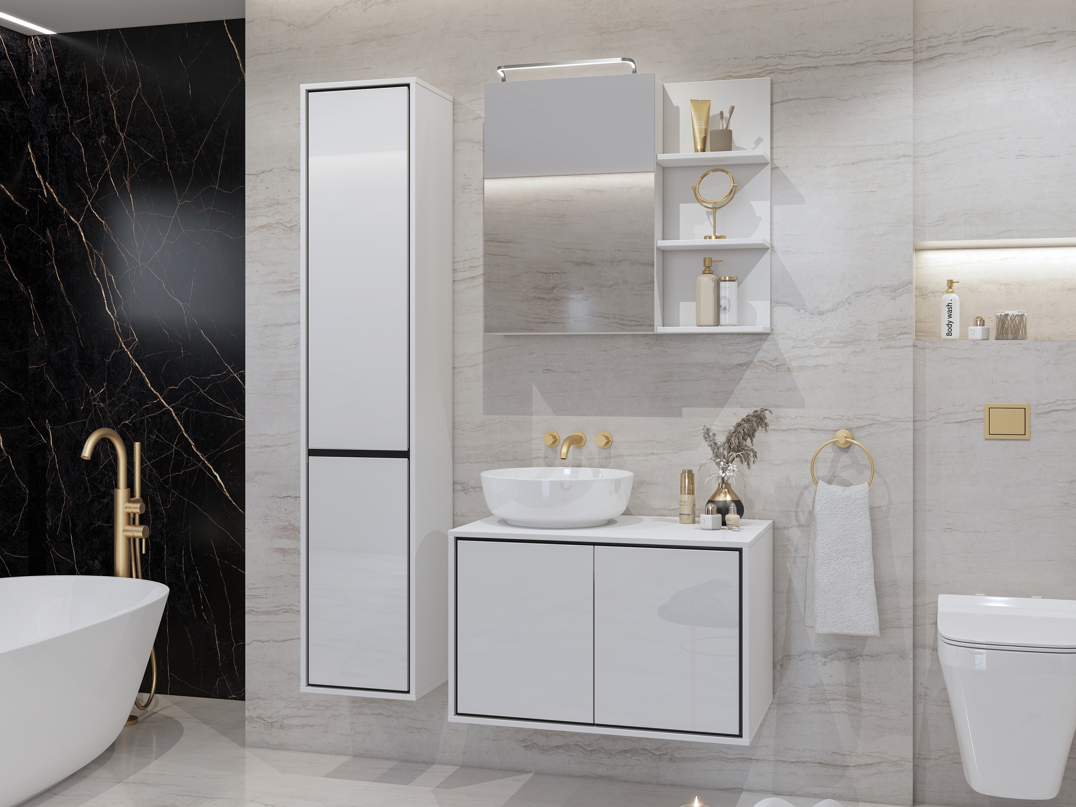 Wall-mounted bathroom cabinet Tecavu 101 (Glossy white + White)