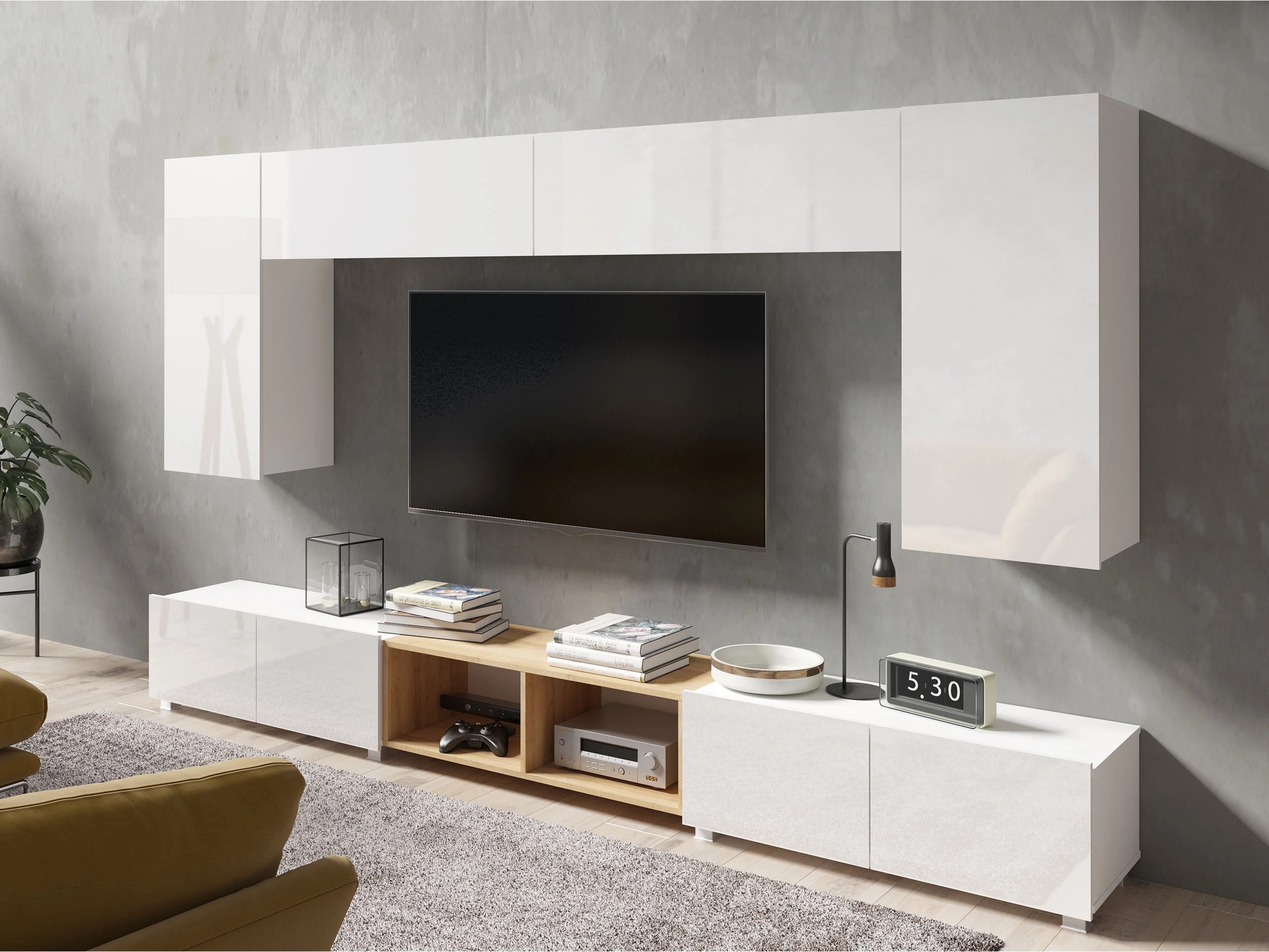 Living room set Remus XXIII (White + Glossy white + Golden oak)