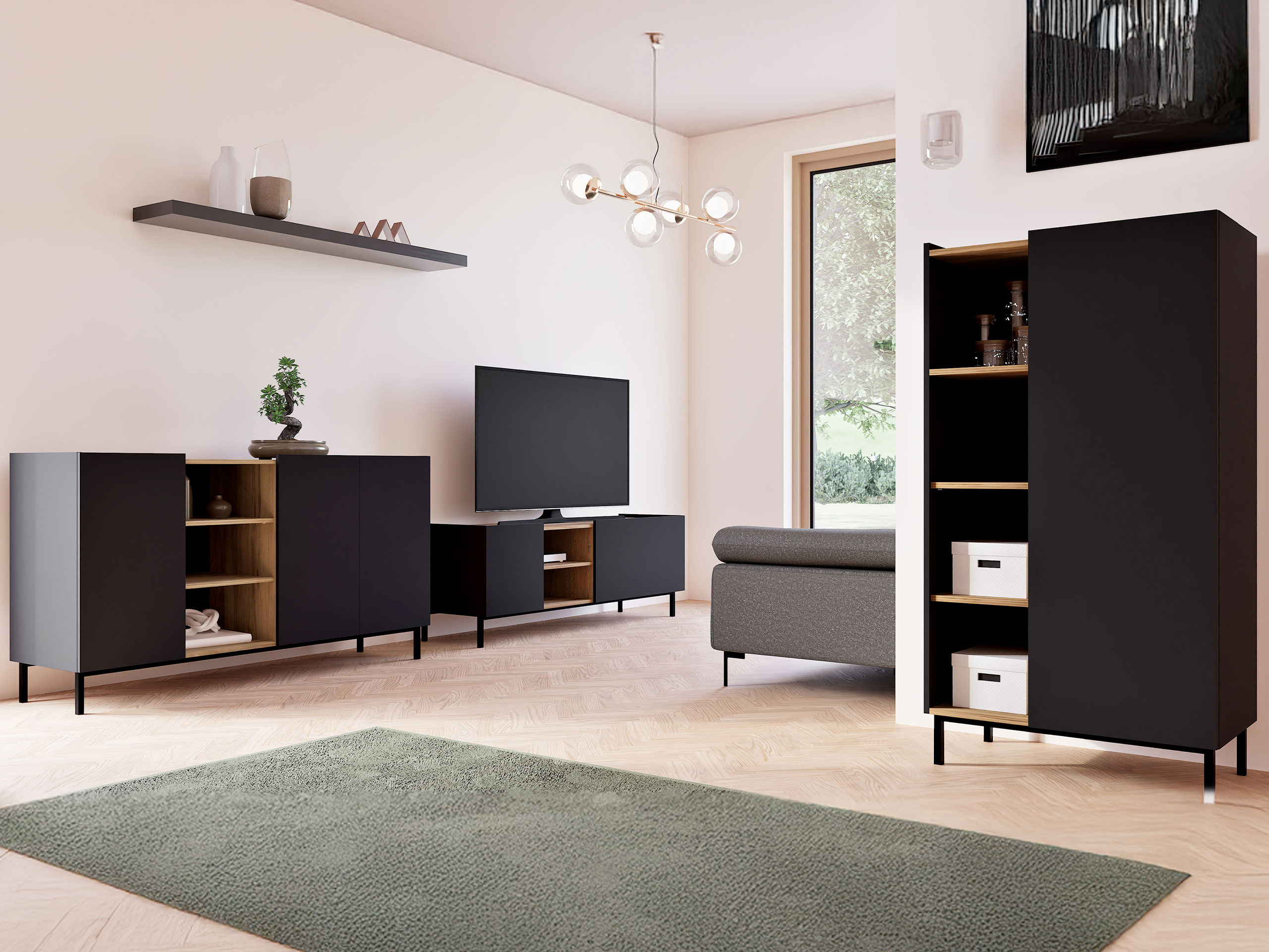 Living room set Veldome 103 (Black + Light brown)