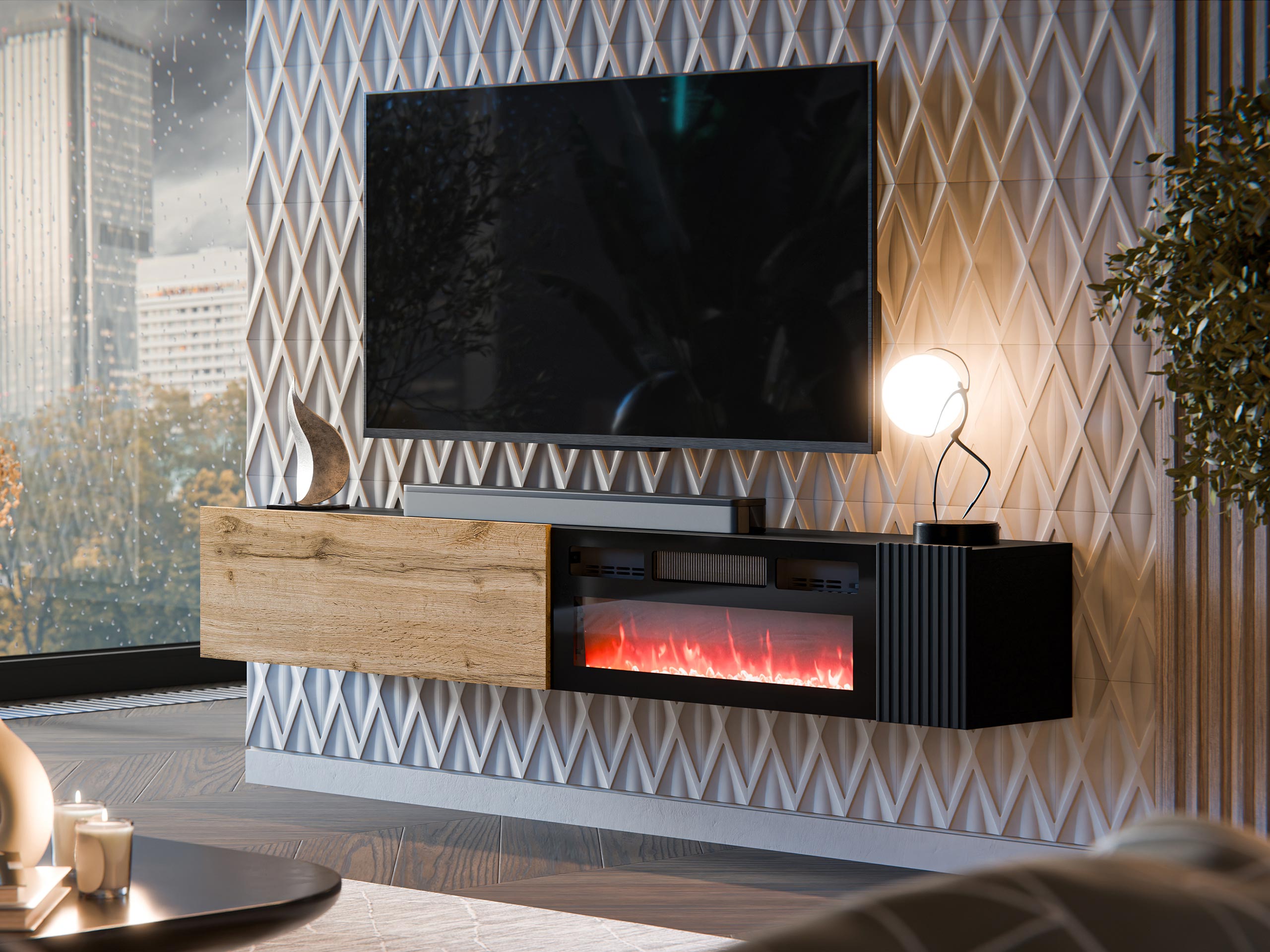 TV stand Calveru 110 (Wotan Oak + Black)