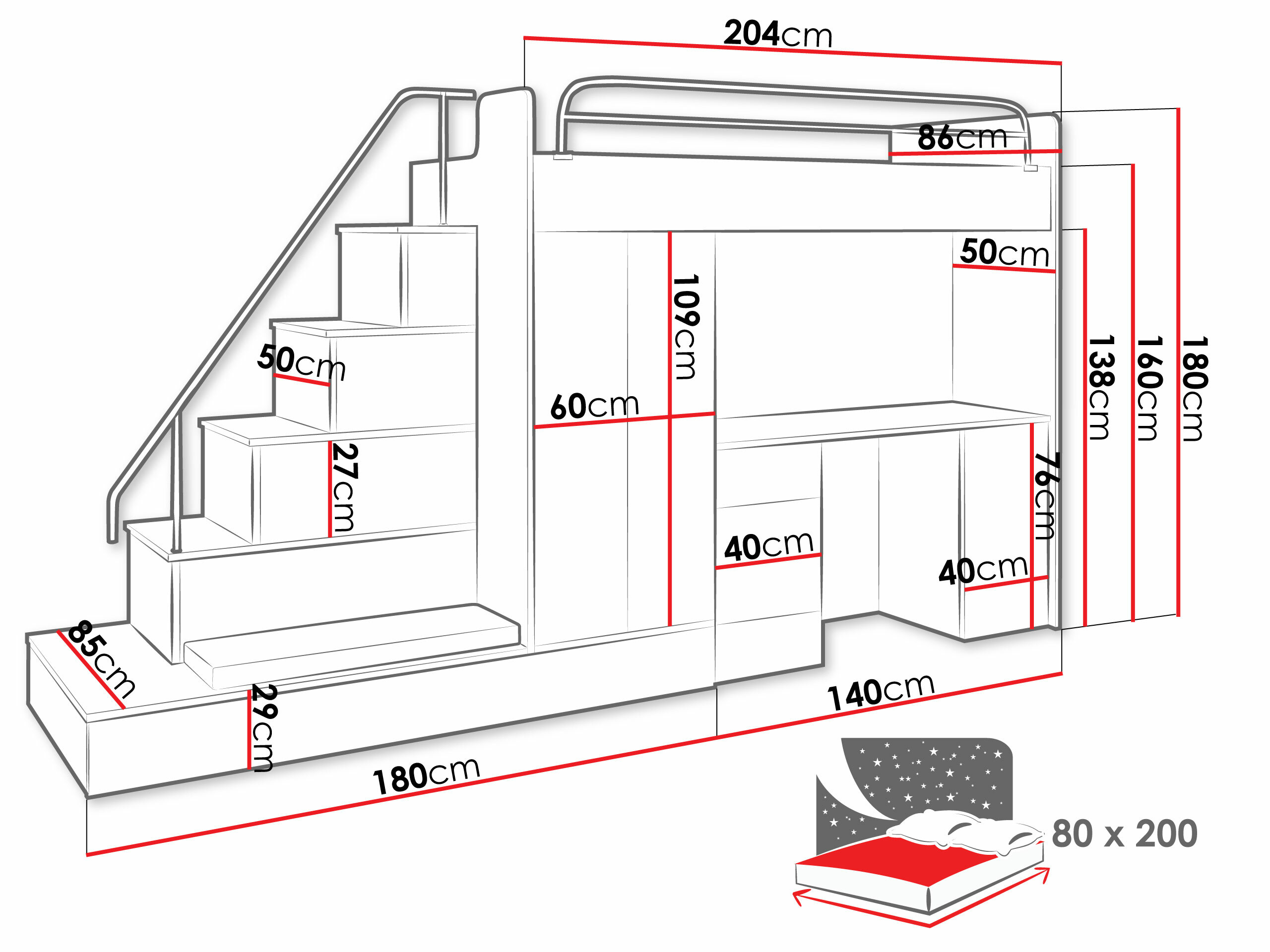 Children's room set Campus I (White + Glossy white + Gloss grey)
