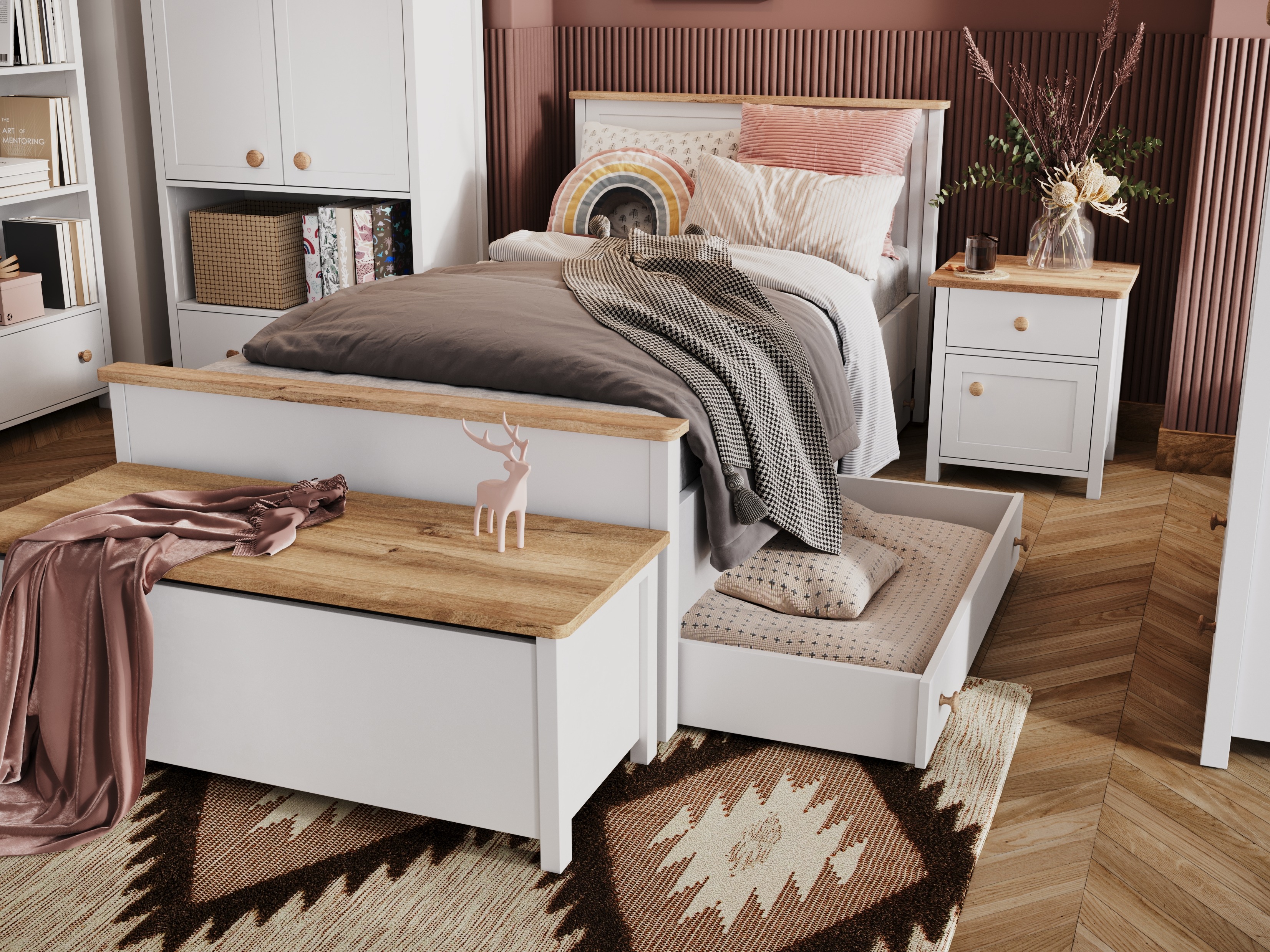 Bed Romelbo 148 (White + Oak)
