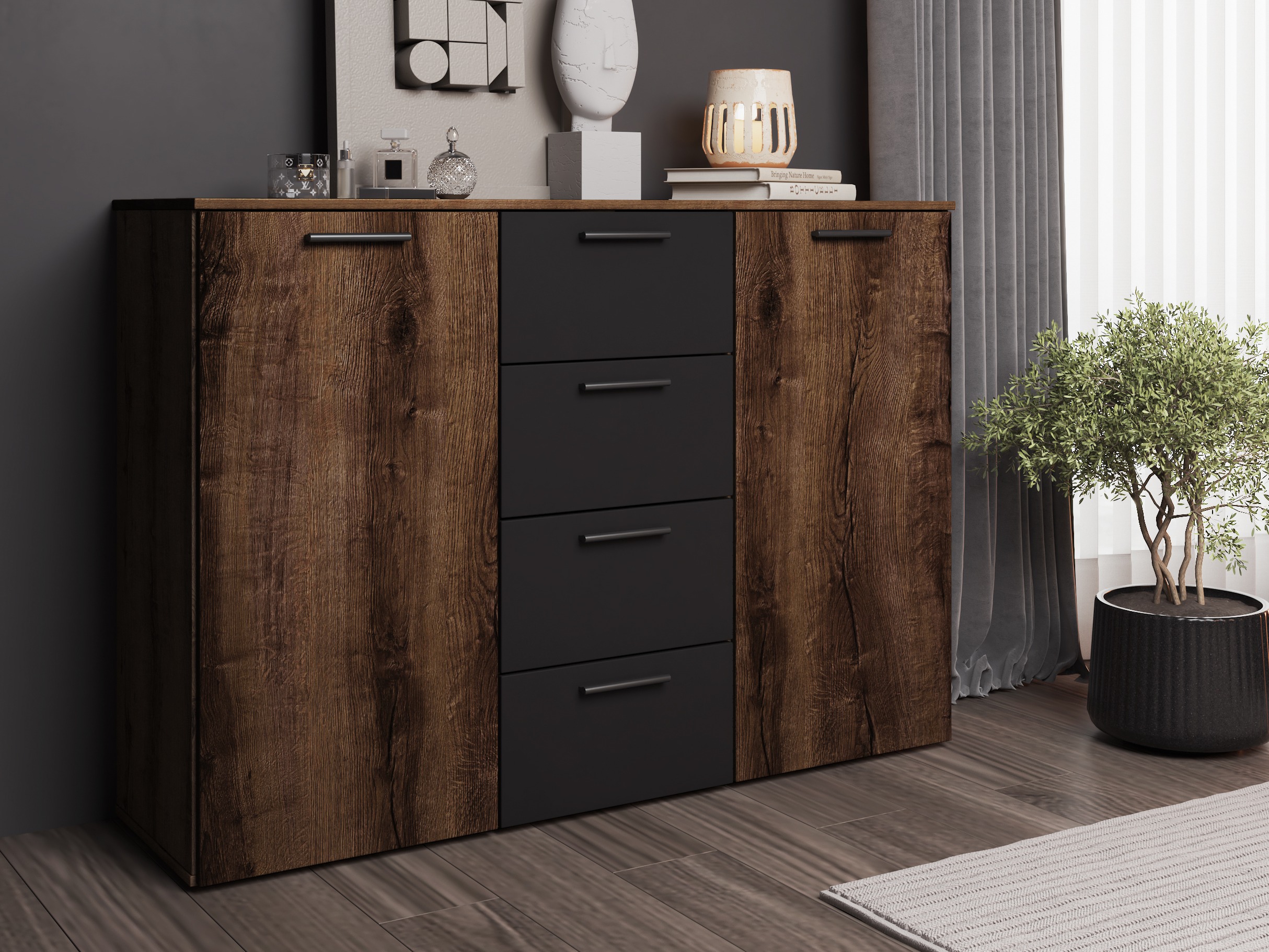 Chest of drawers Melvele 101 (Monastery oak + Black)