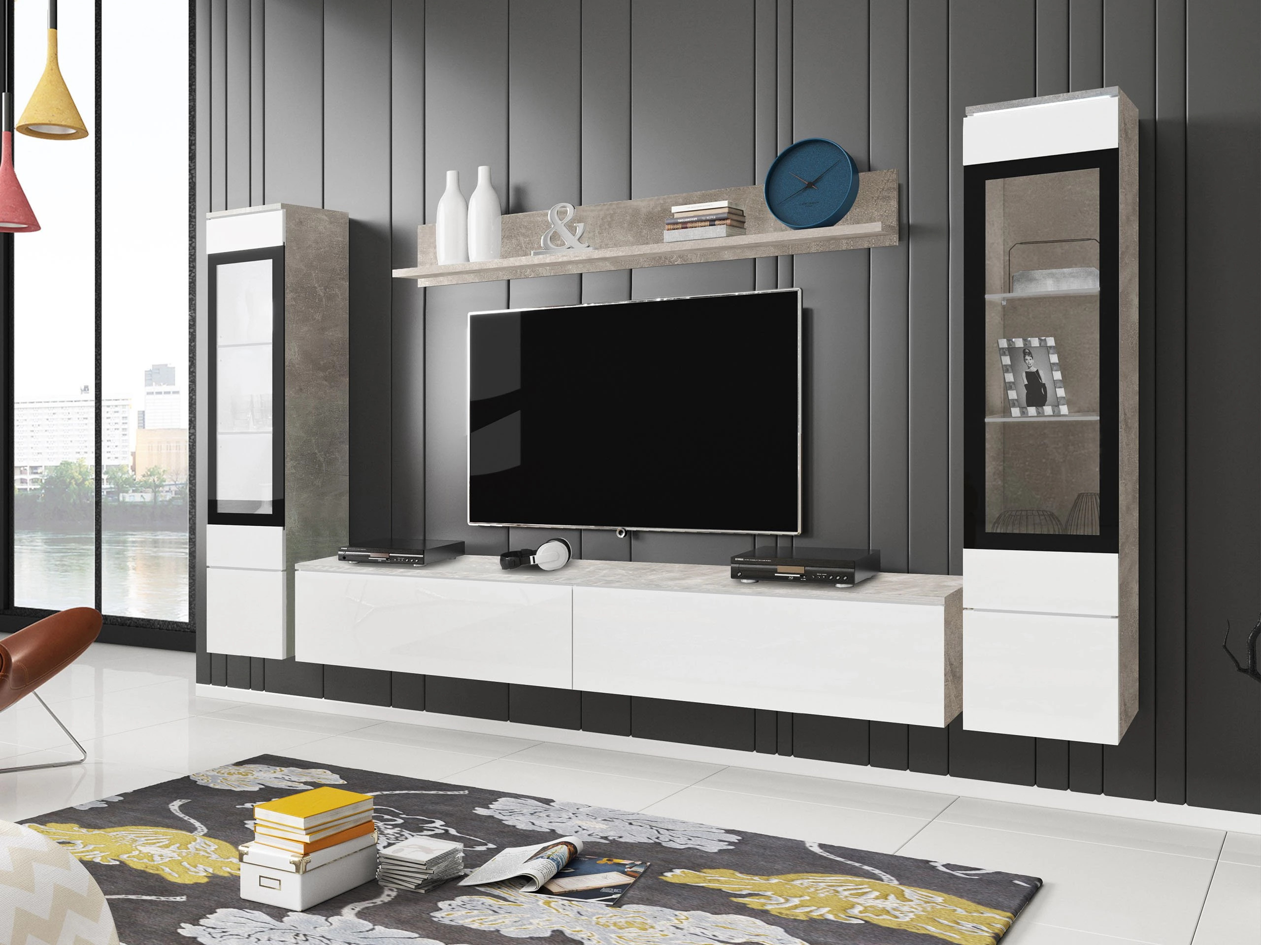 Living room set Mirfivo 101 (Concrete + Glossy white)