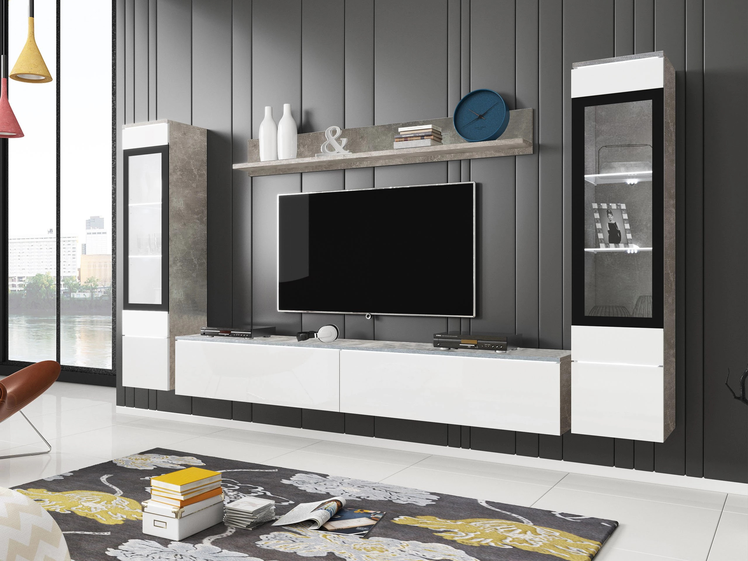 Living room set Mirfivo 101 (Concrete + Glossy white)