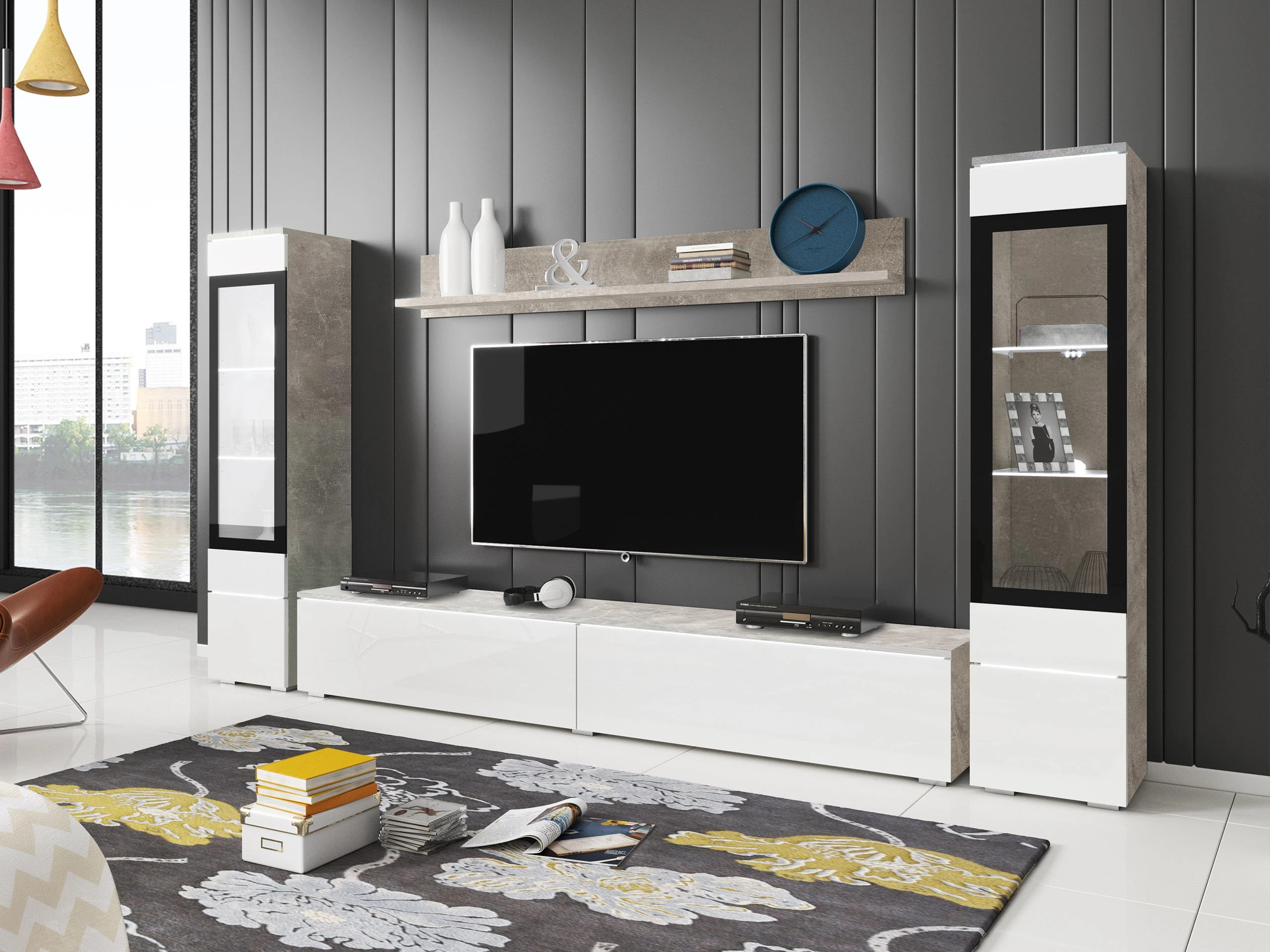 Living room set Mirfivo 101 (Concrete + Glossy white)