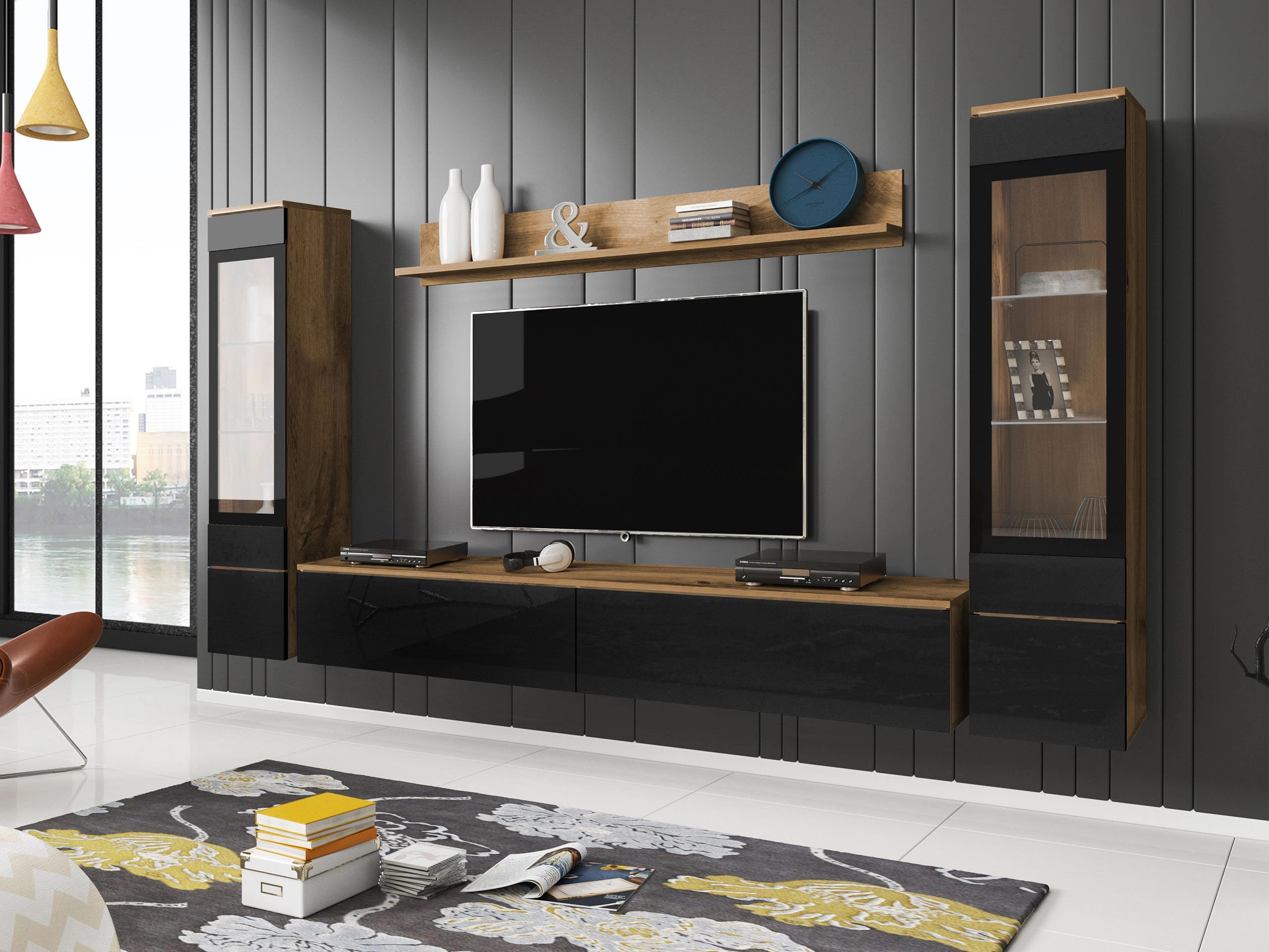 Living room set Mirfivo 101 (Wotan Oak + Glossy black)