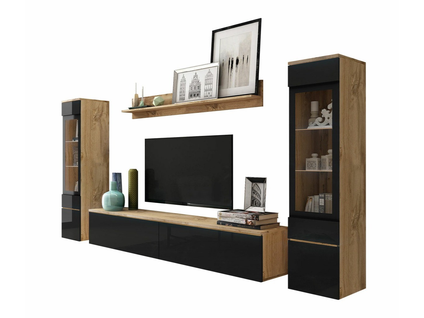 Living room set Mirfivo 101 (Wotan Oak + Glossy black)