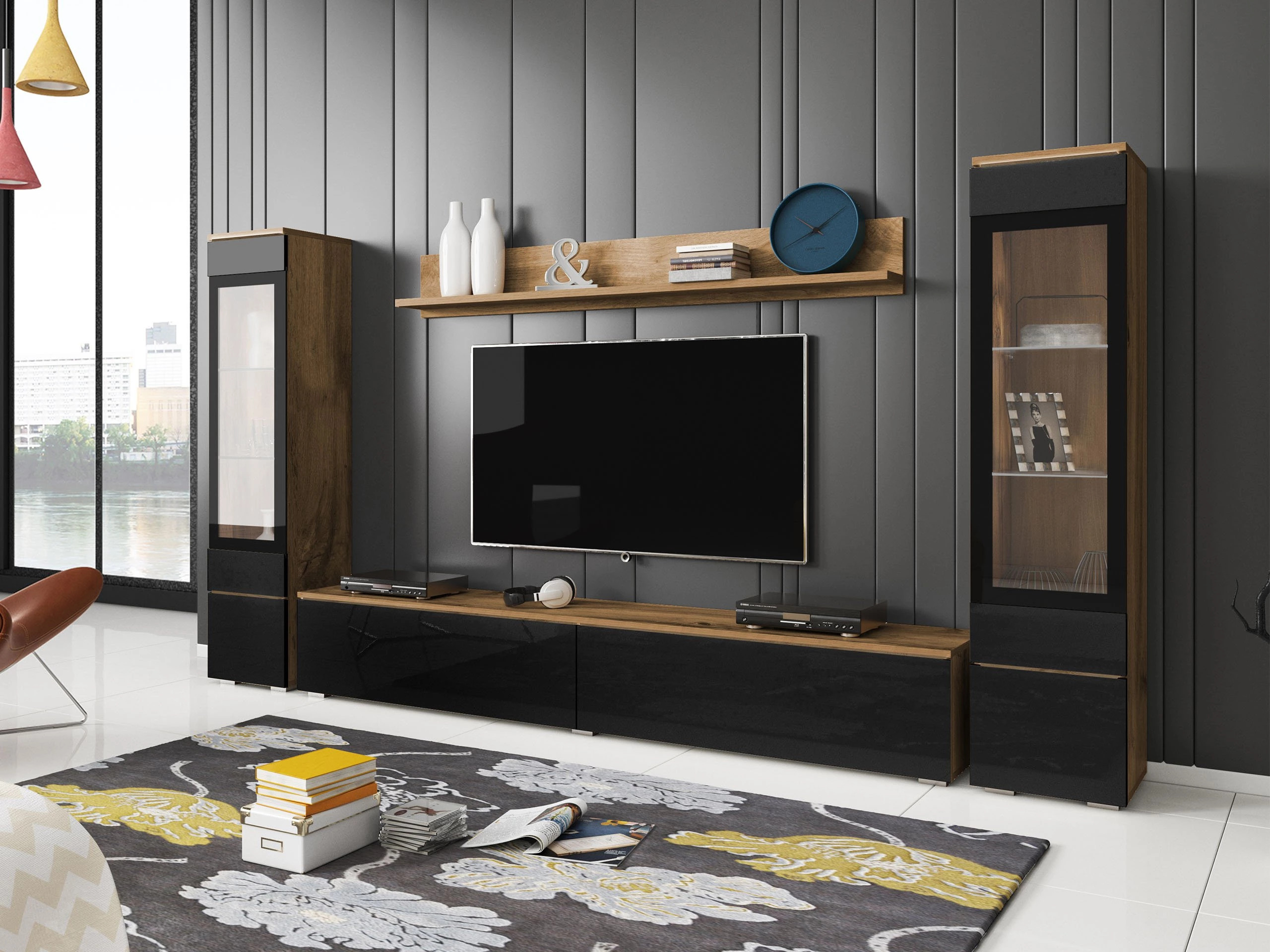 Living room set Mirfivo 101 (Wotan Oak + Glossy black)