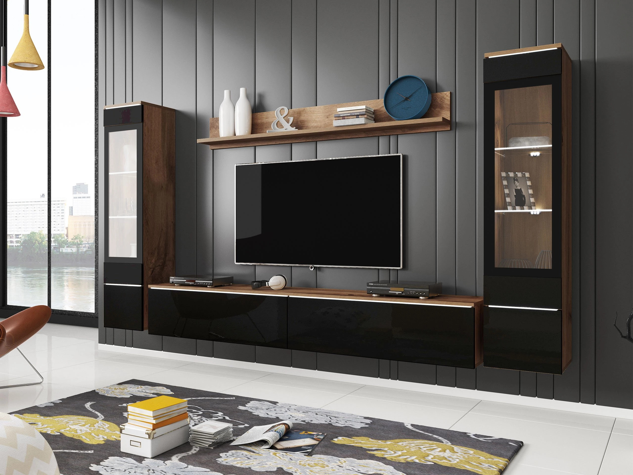Living room set Mirfivo 101 (Wotan Oak + Glossy black)