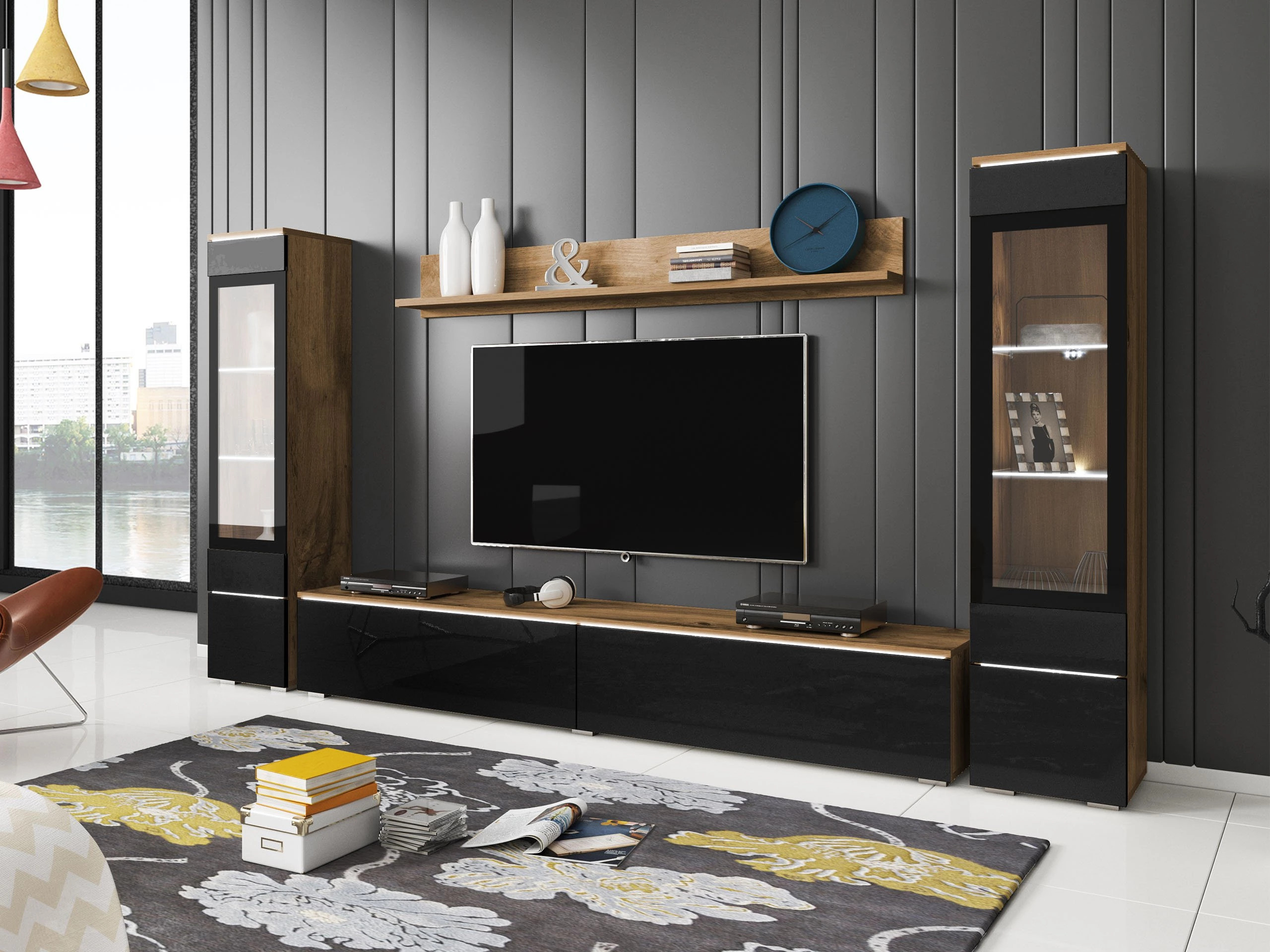 Living room set Mirfivo 101 (Wotan Oak + Glossy black)