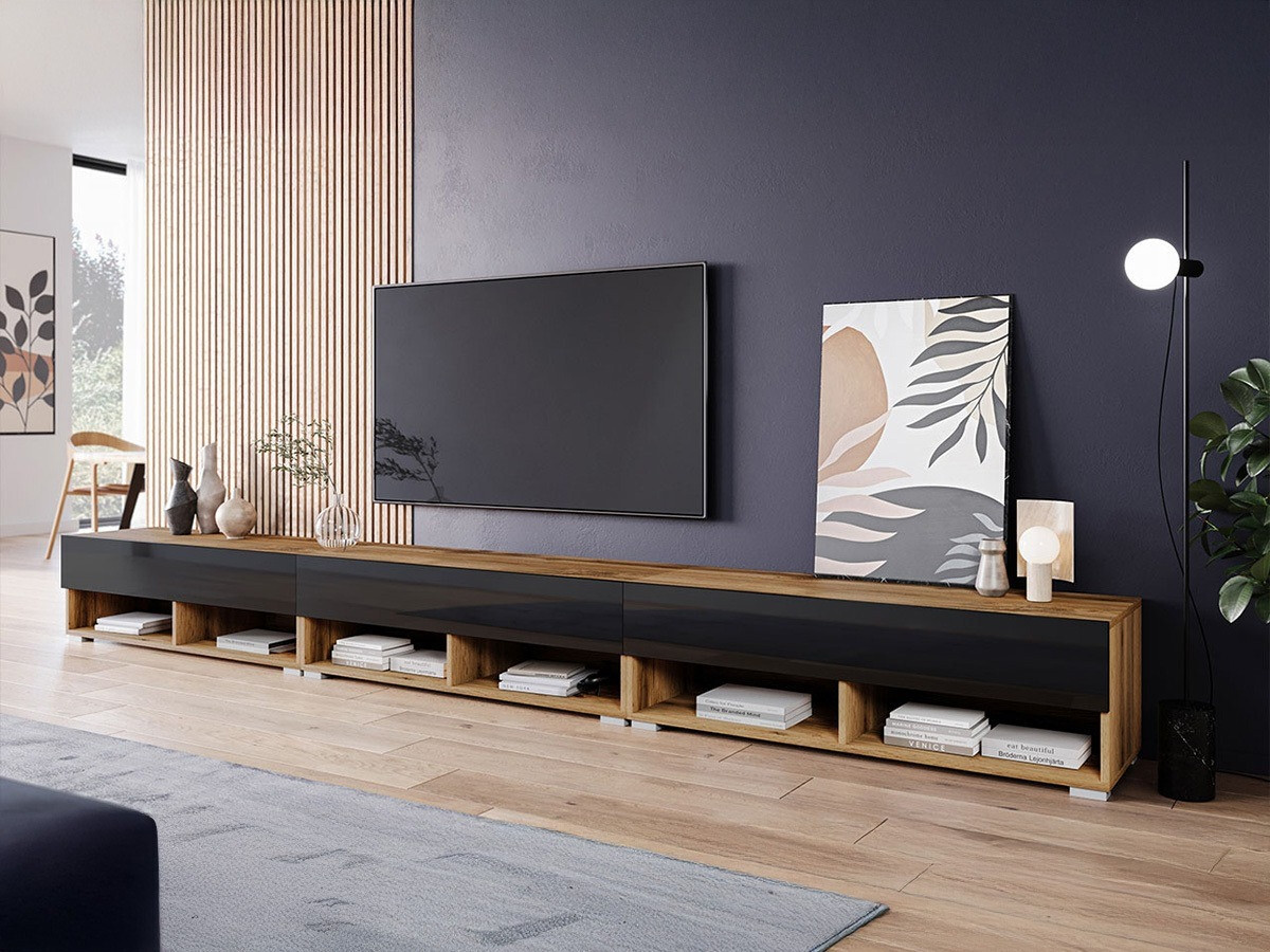 TV stand Sarasota 144 (Wotan Oak + Glossy black)