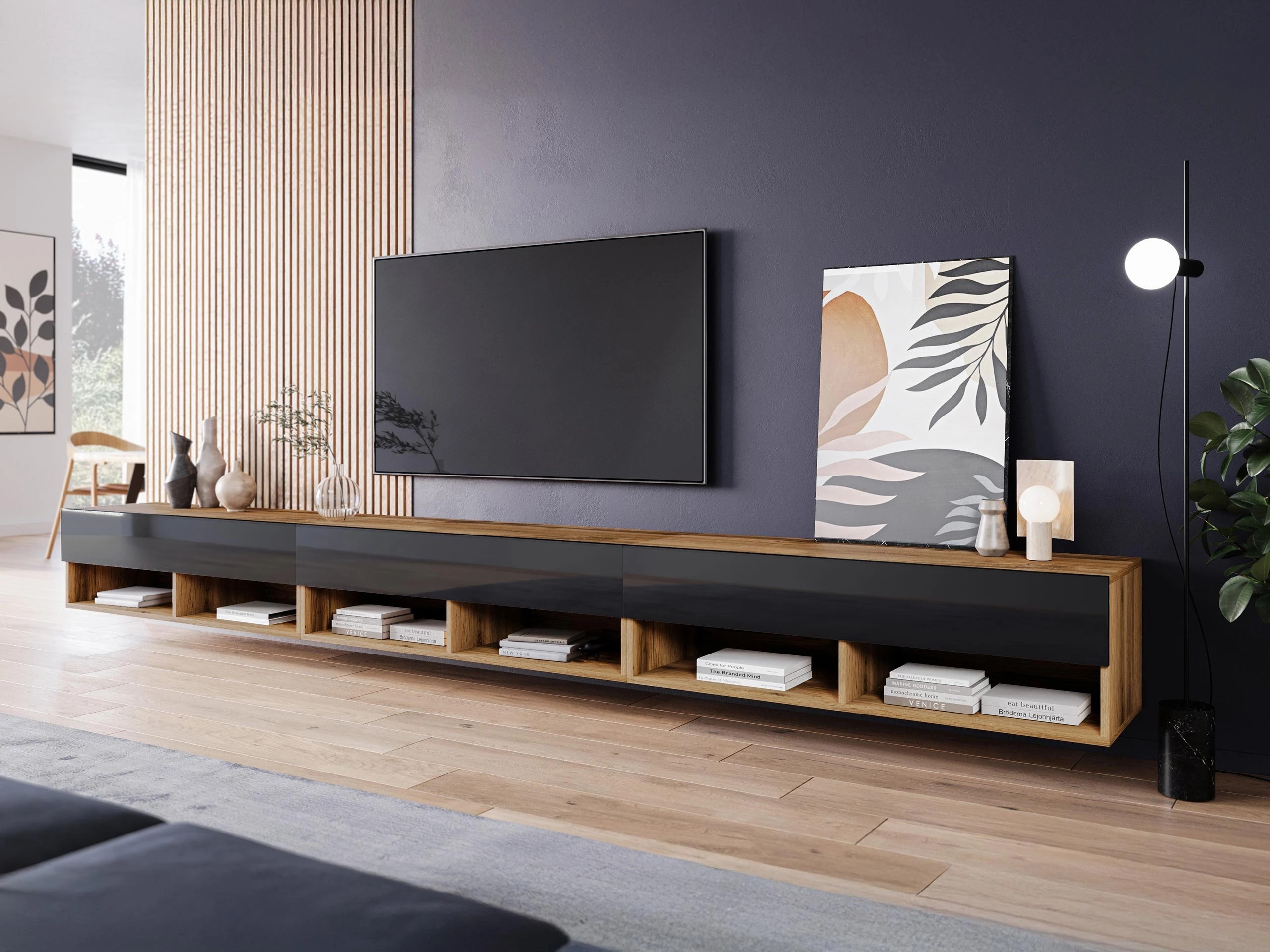 TV stand Sarasota 144 (Wotan Oak + Glossy black)