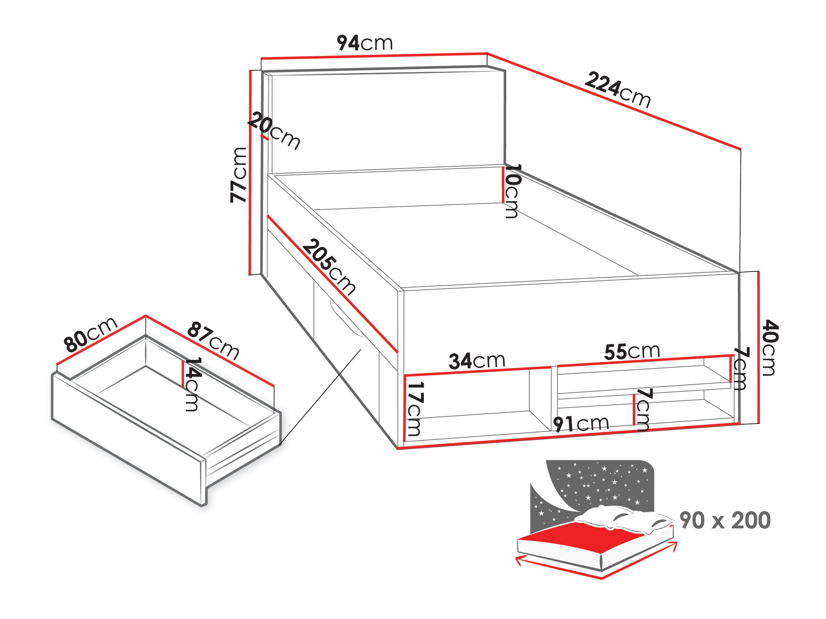 Bed Camteso 112 (Black + Oak + Beige)