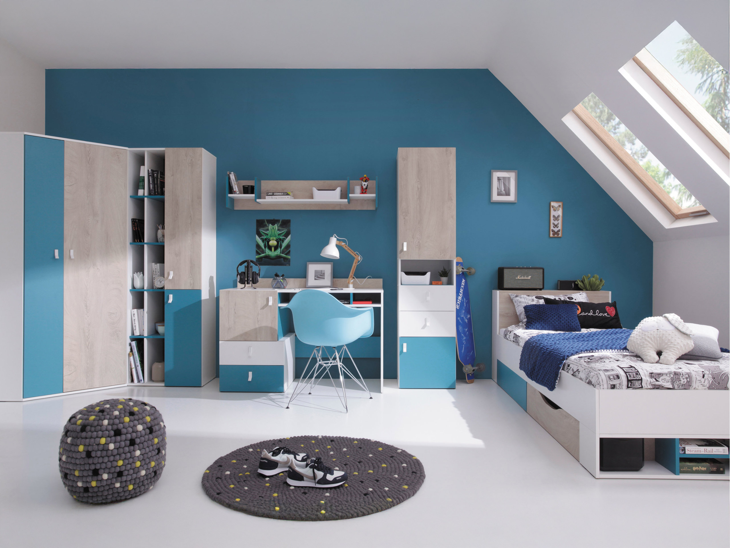 Children's room set Camteso 114 (White + Oak + Turquoise)