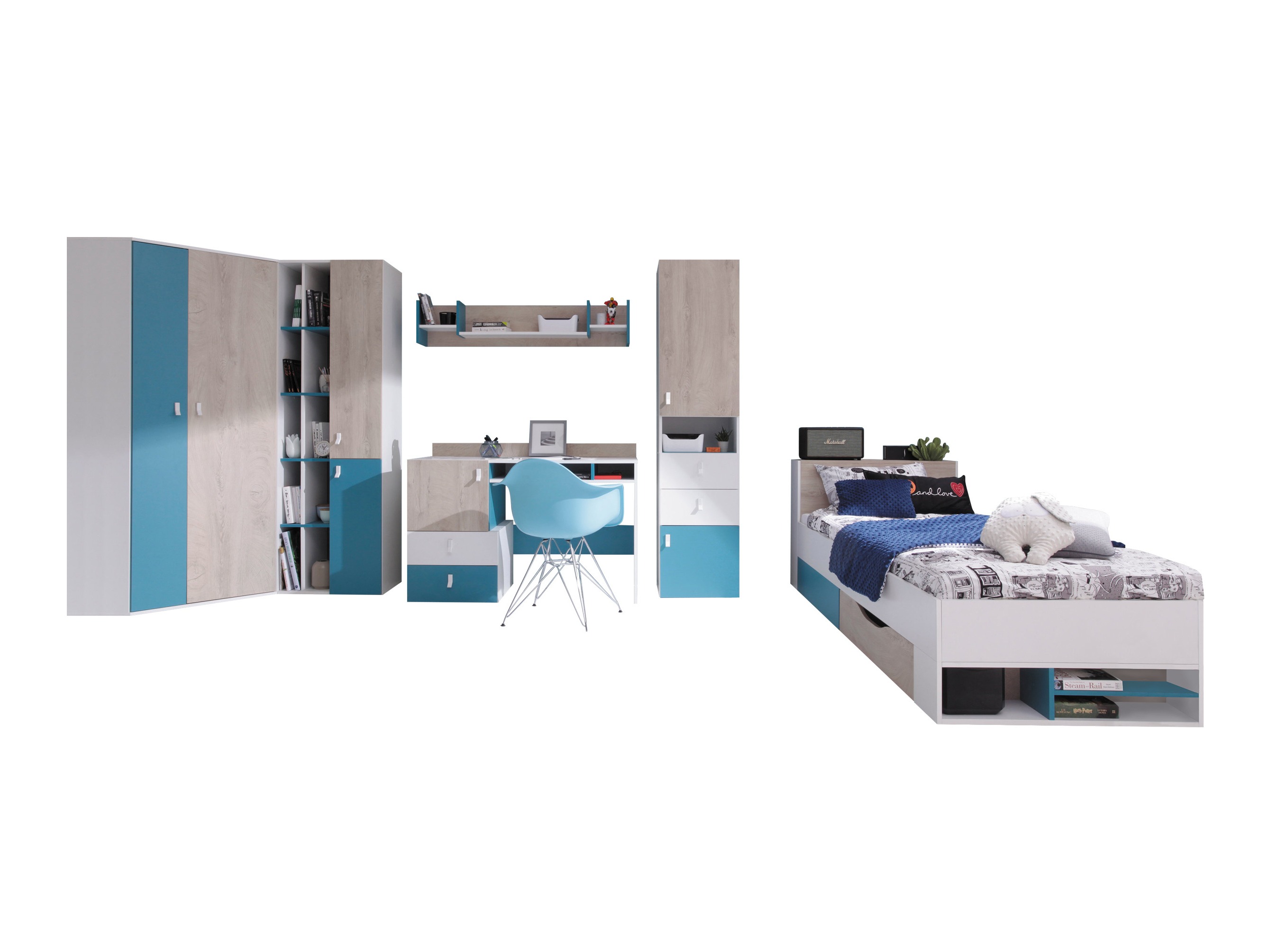 Children's room set Camteso 114 (White + Oak + Turquoise)