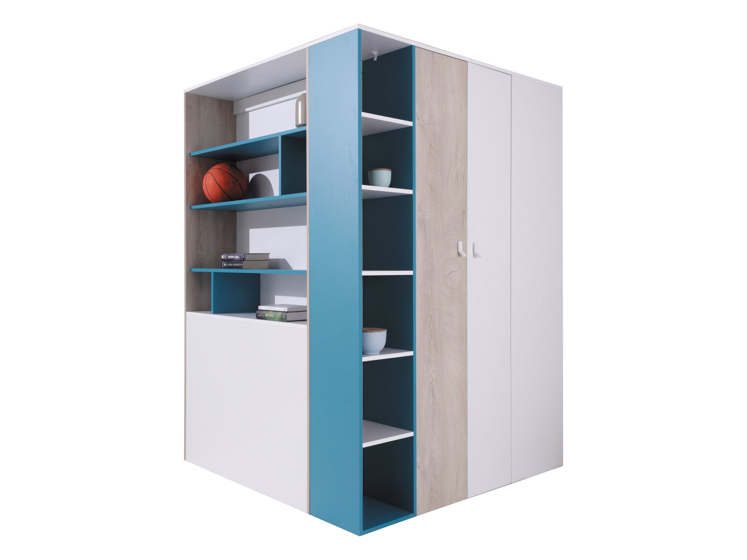 Corner wardrobe Camteso 113 (White + Oak + Turquoise)