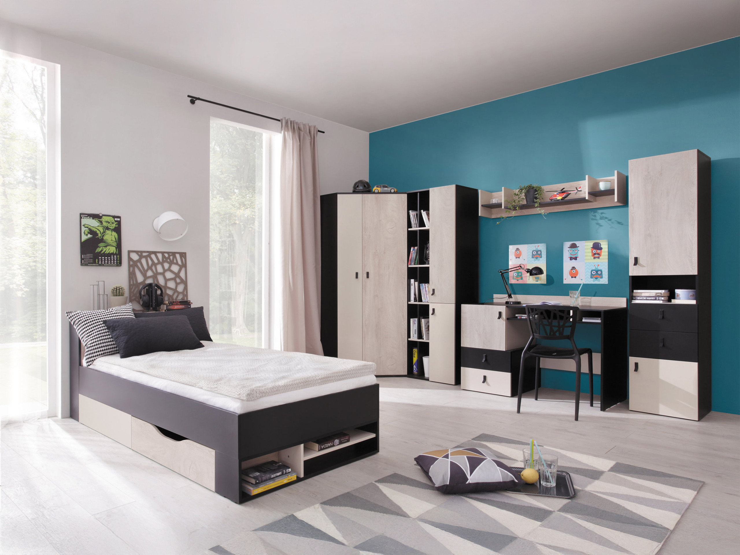 Desk Camteso 107 (Black + Oak + Beige)