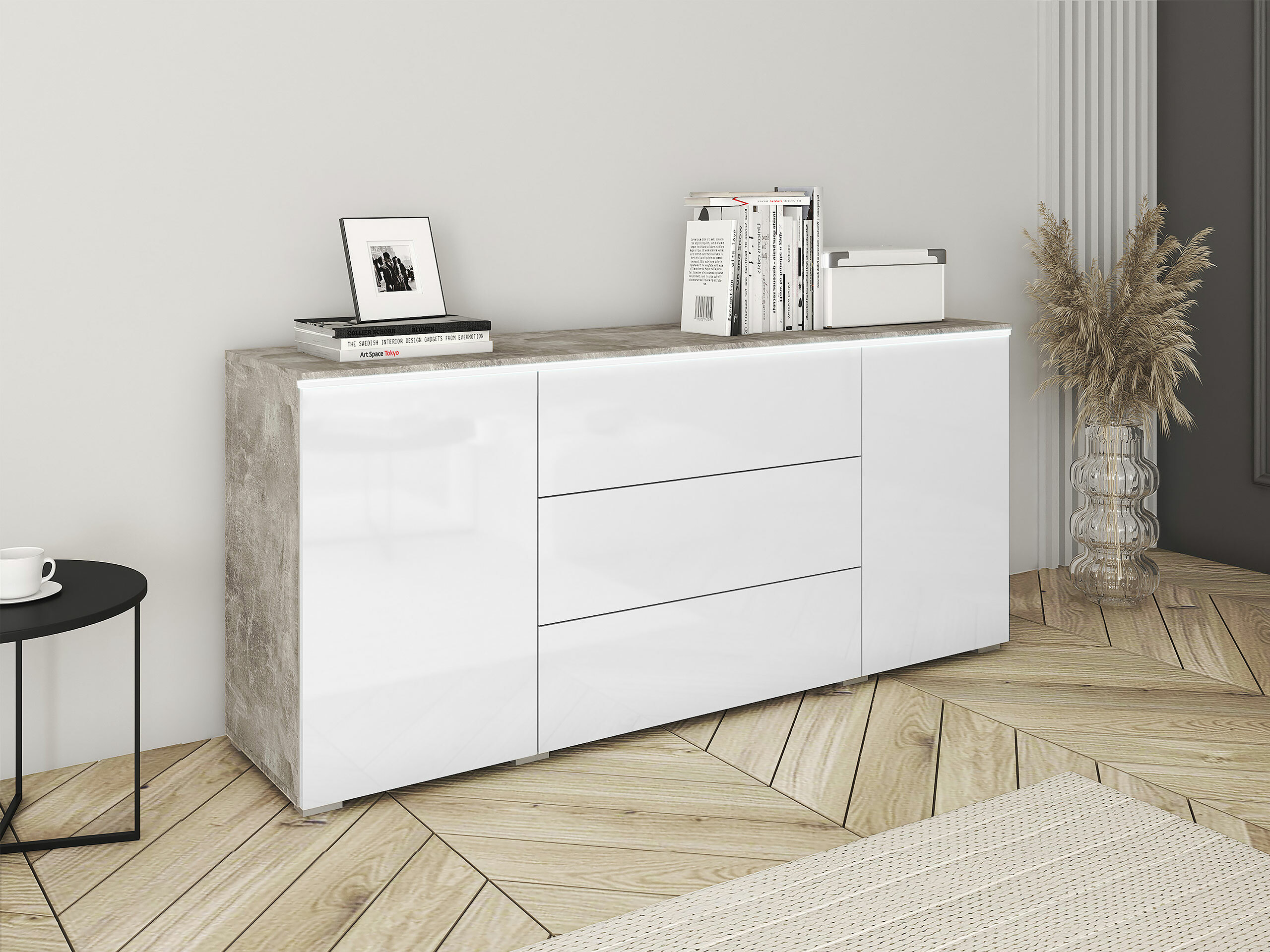 Chest of drawers Mirfivo 102 (Concrete + Glossy white)