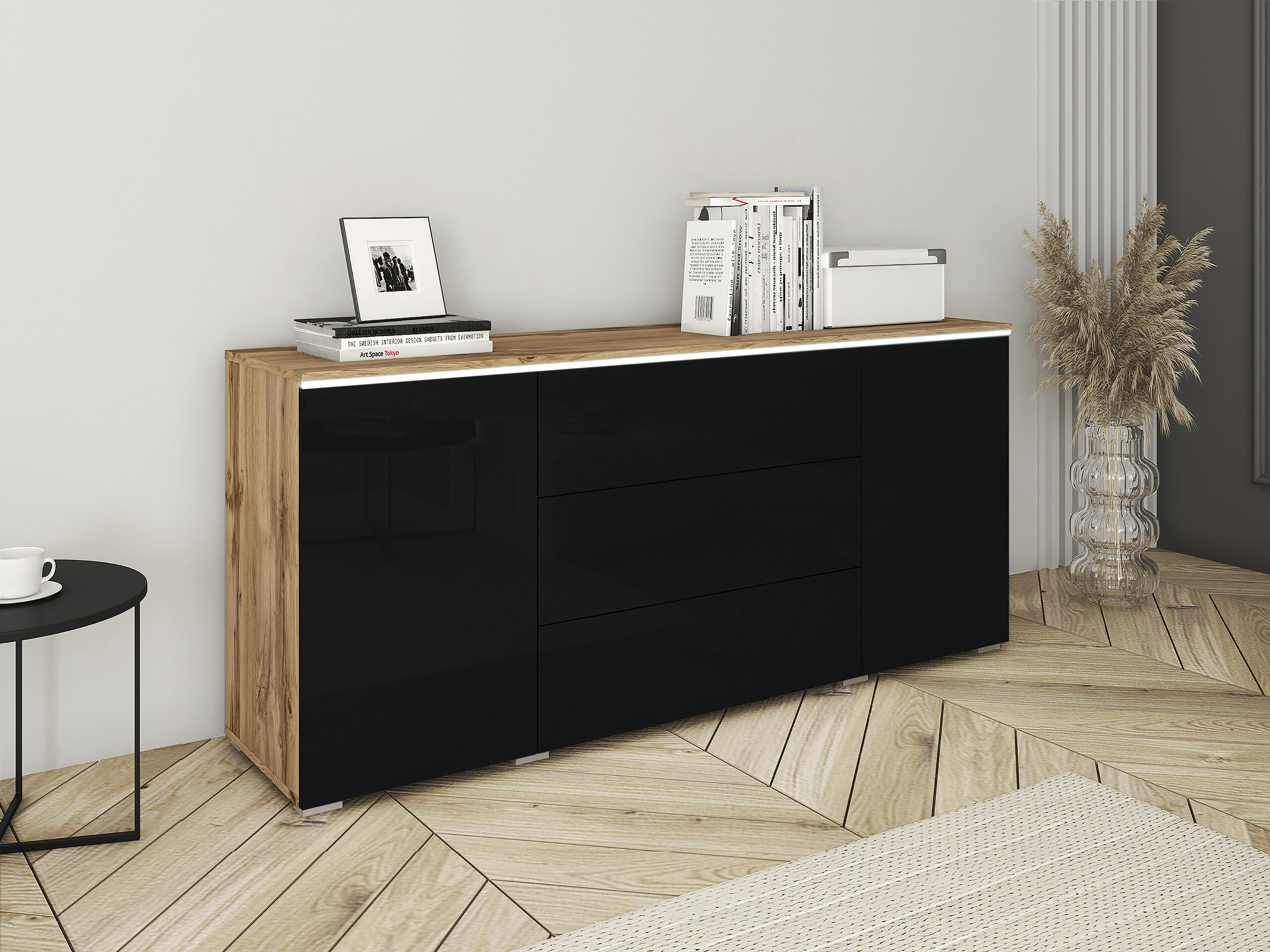 Chest of drawers Mirfivo 102 (Wotan Oak + Glossy black)