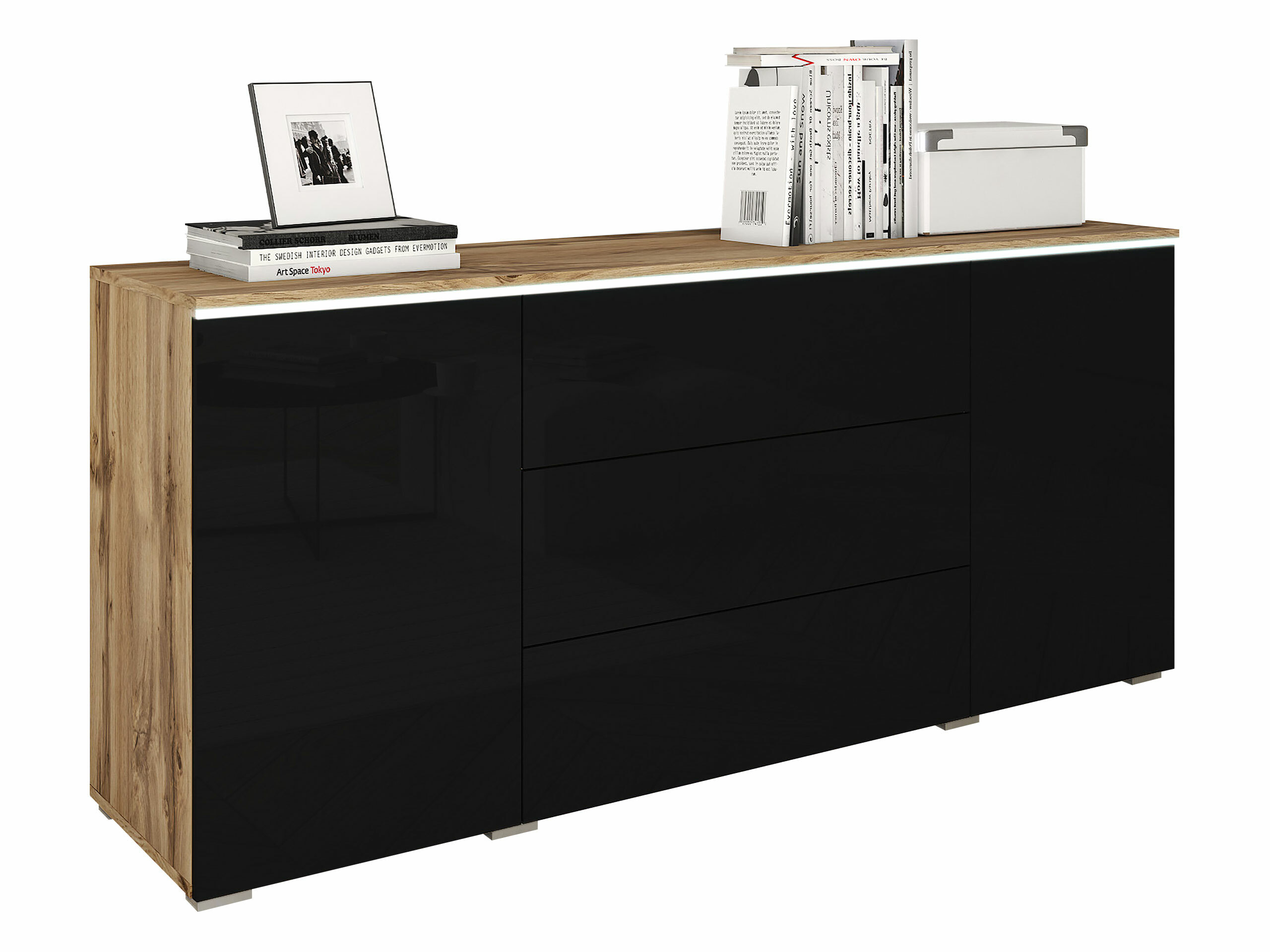 Chest of drawers Mirfivo 102 (Wotan Oak + Glossy black)