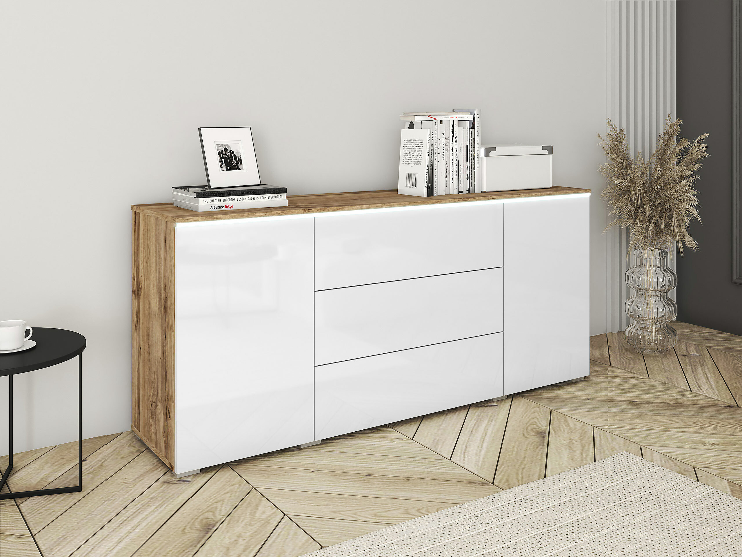 Chest of drawers Mirfivo 102 (Wotan Oak + Glossy white)