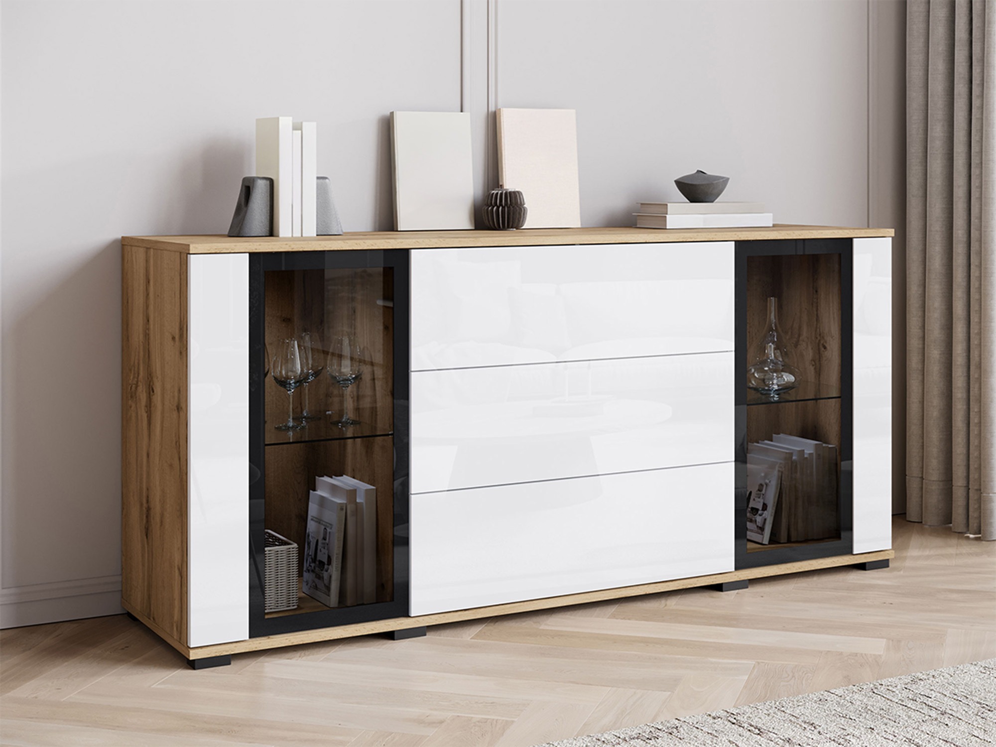 Chest of drawers Torcame 101 (Wotan Oak + Glossy white)