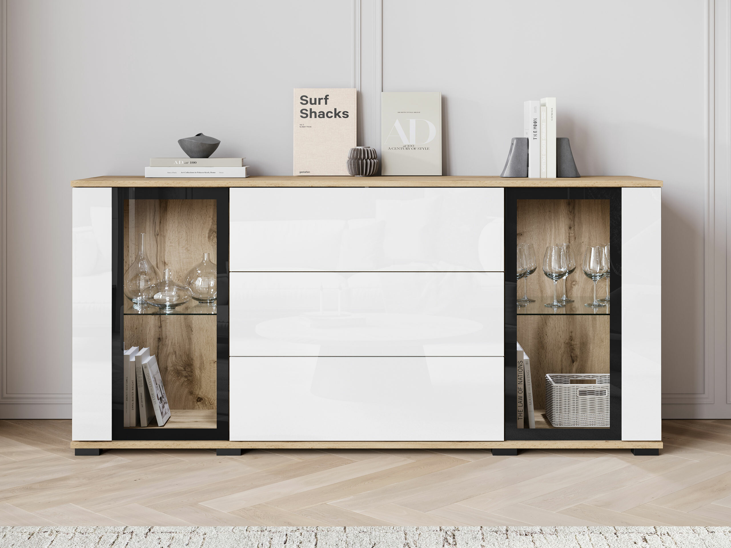 Chest of drawers Torcame 101 (Wotan Oak + Glossy white)