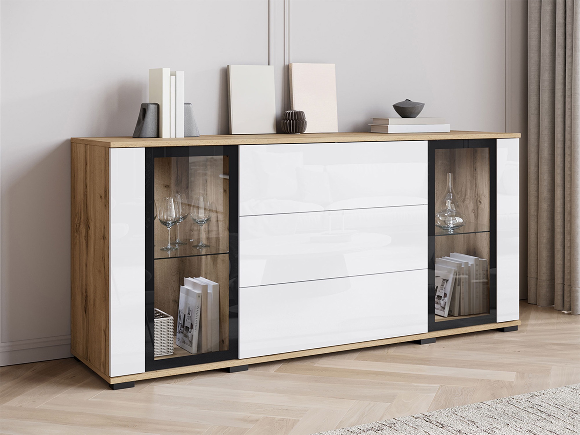 Chest of drawers Torcame 101 (Wotan Oak + Glossy white)